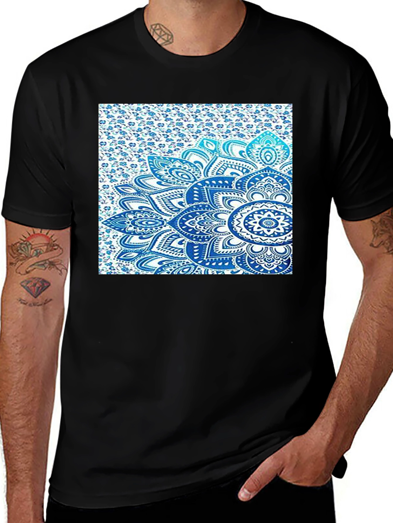 Mens Black Tee with Blue Mandala Print
