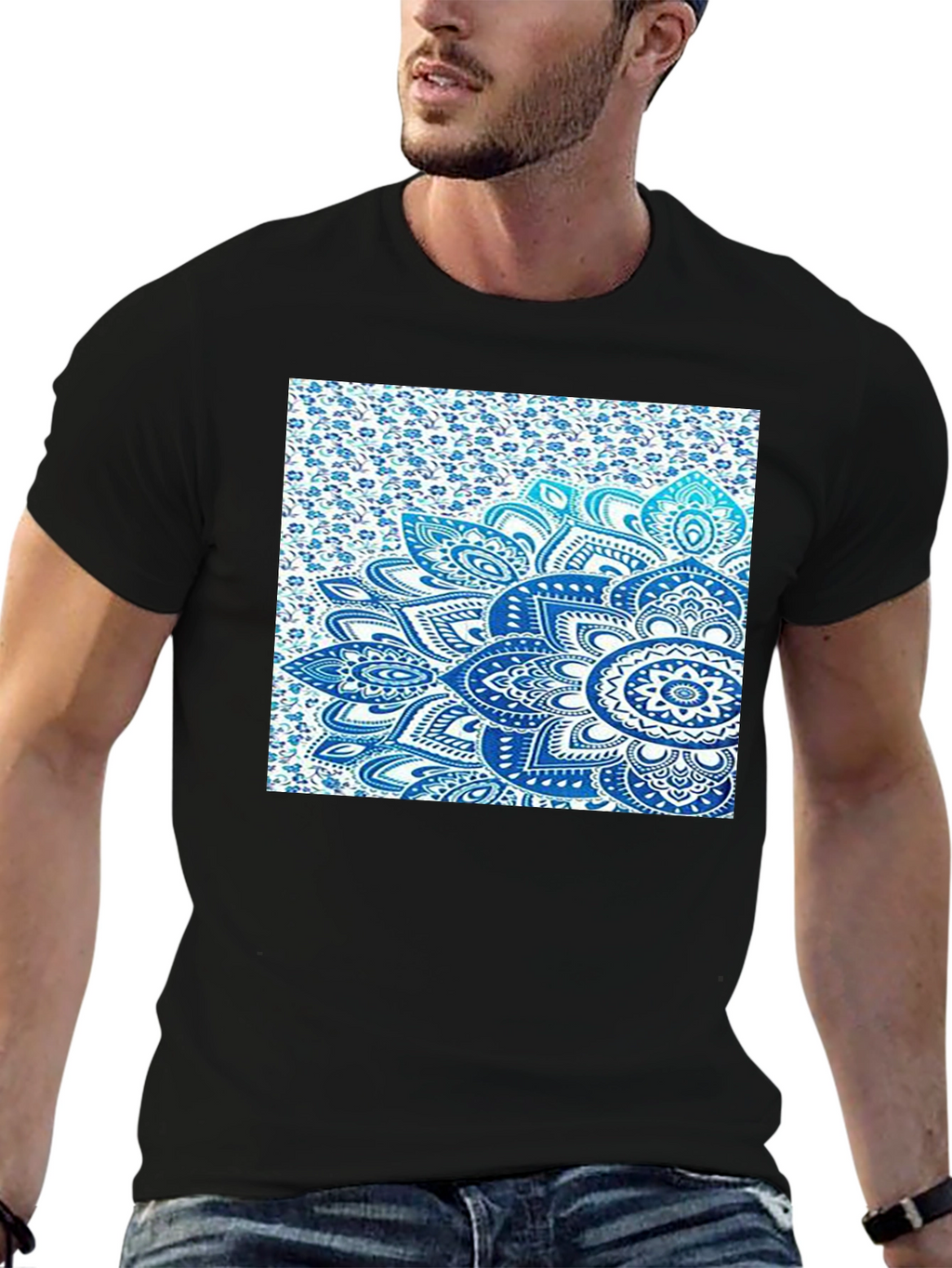 Mens Black Tee with Blue Mandala Print