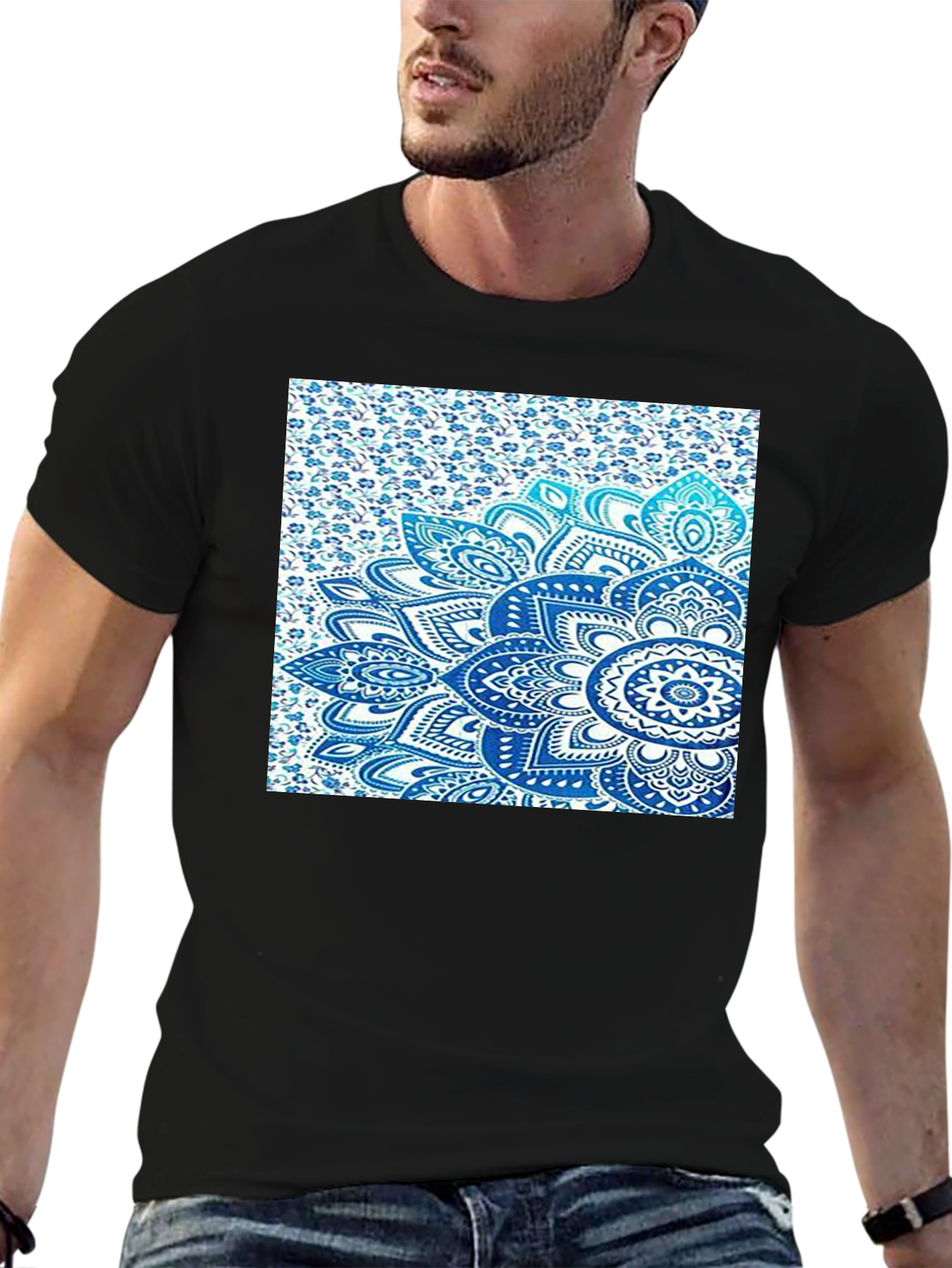 Mens Black Tee with Blue Mandala Print