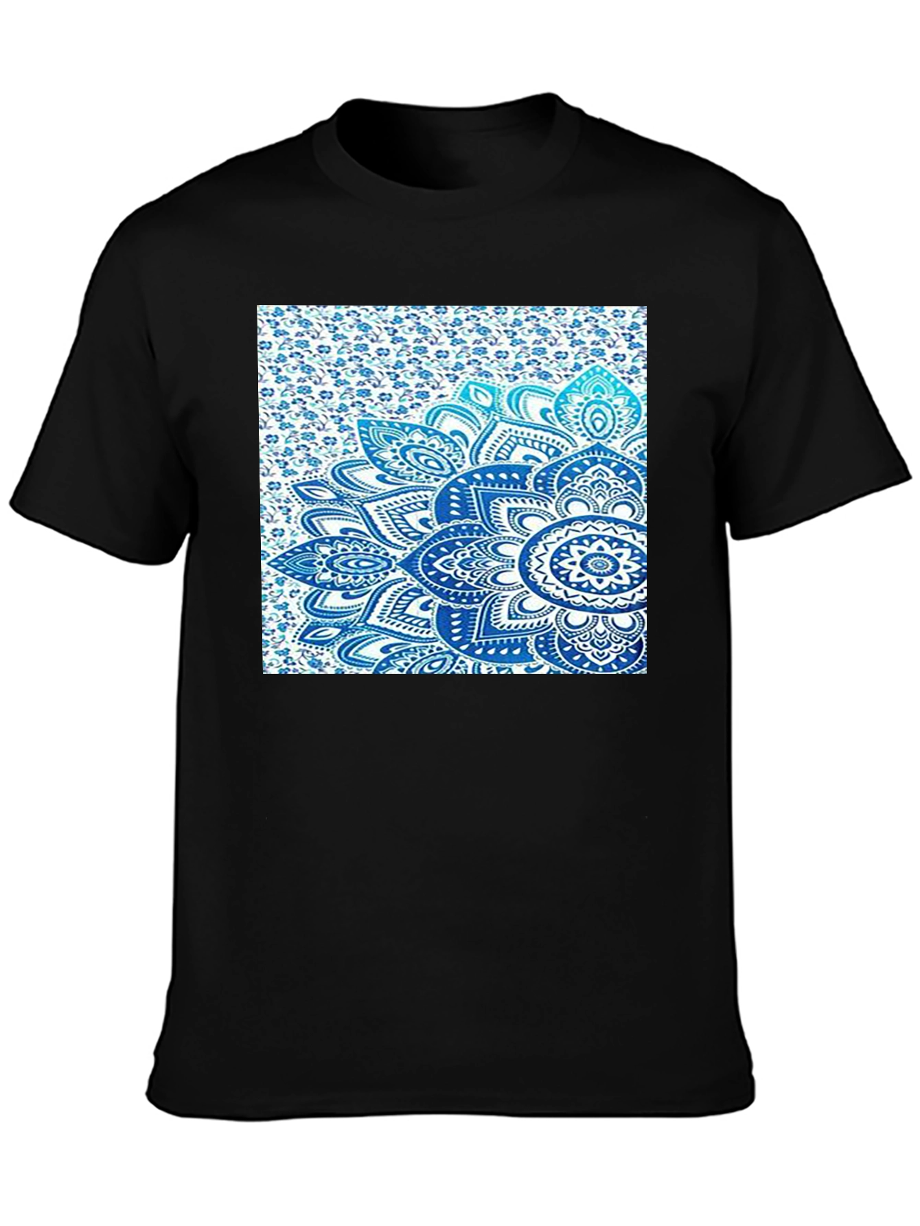 Mens Black Tee with Blue Mandala Print