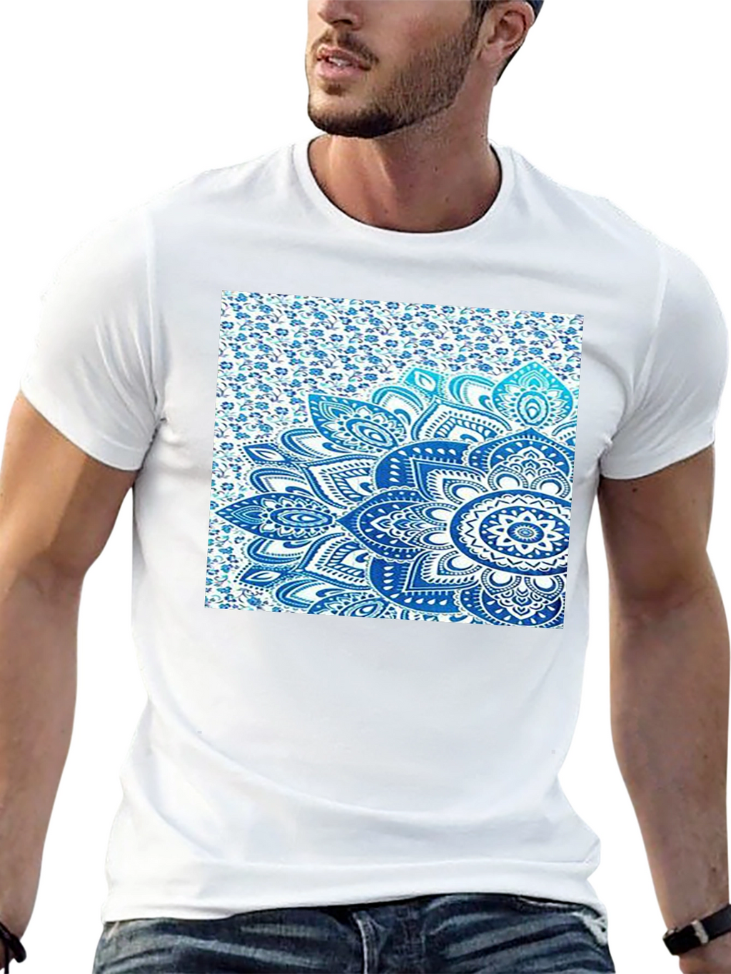Mens Black Tee with Blue Mandala Print