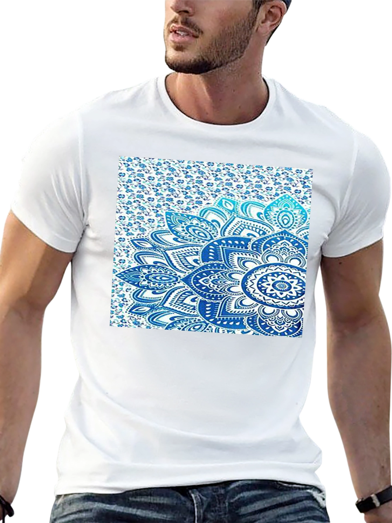 Mens Black Tee with Blue Mandala Print