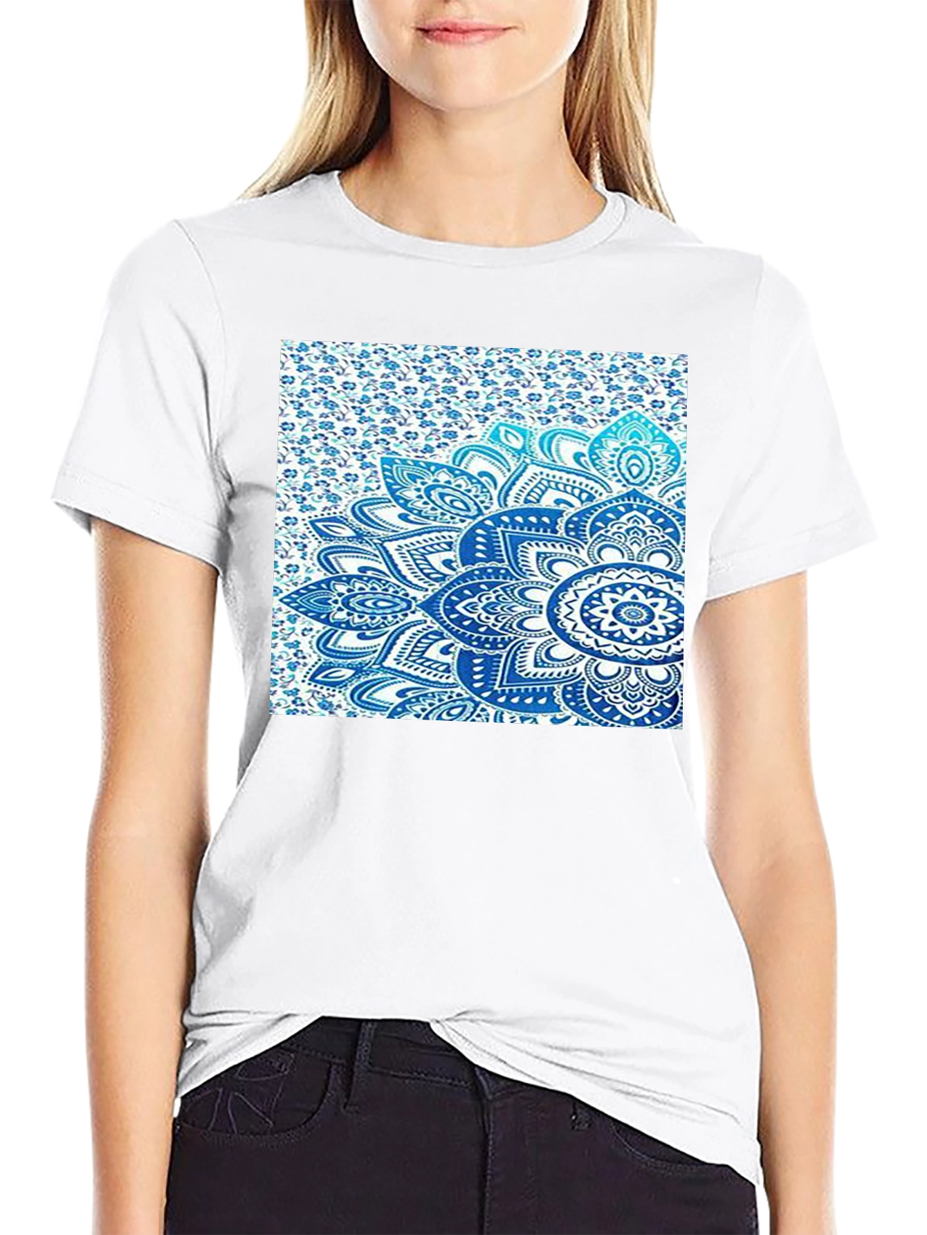 Mens Black Tee with Blue Mandala Print