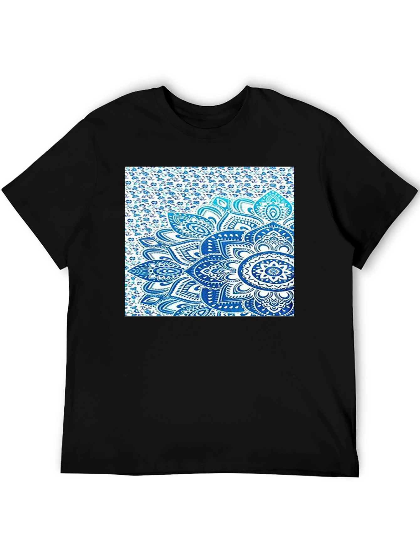 Mens Black Tee with Blue Mandala Print