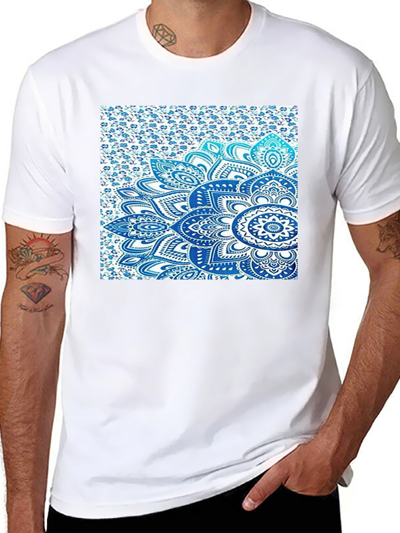 Mens Black Tee with Blue Mandala Print