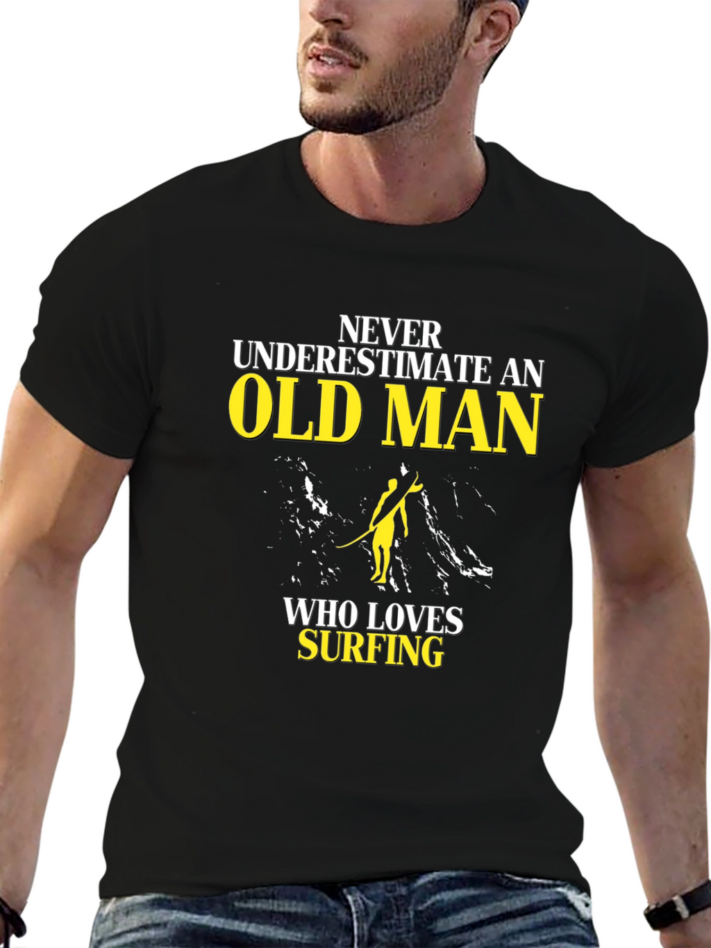 Old Man Surfing T-Shirt - Black