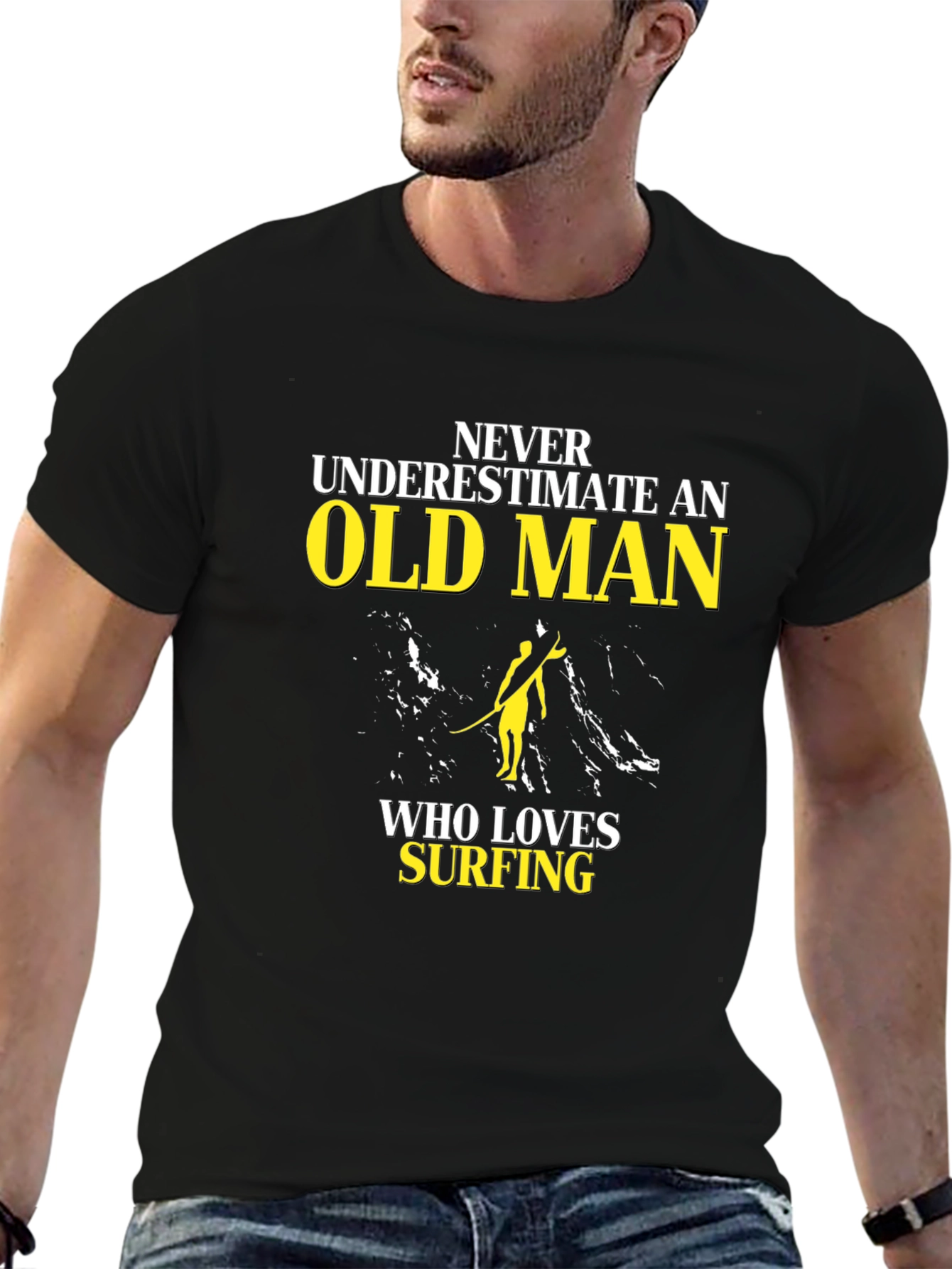 Old Man Surfing T-Shirt - Black