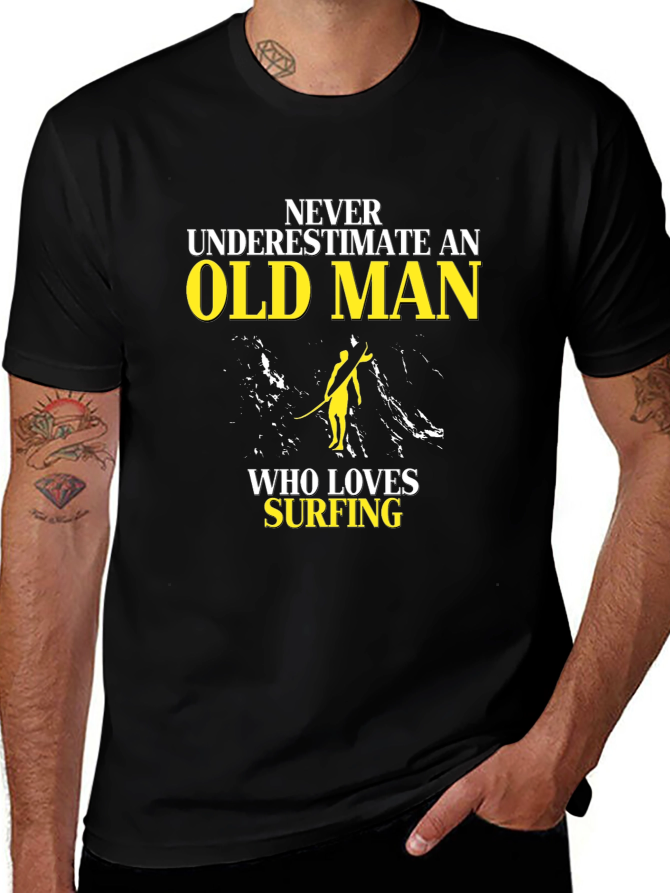 Old Man Surfing T-Shirt - Black