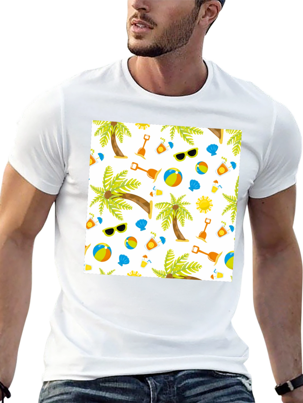 Summer Beach Pattern T-Shirt - Black