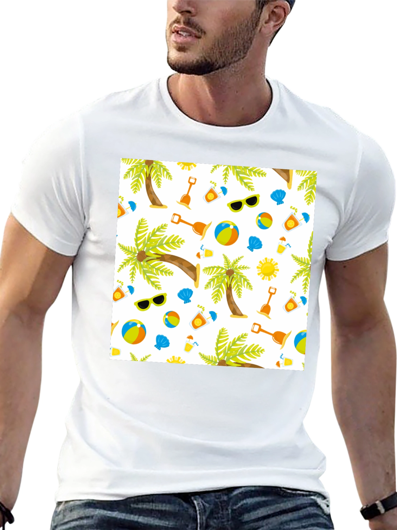 Summer Beach Pattern T-Shirt - Black