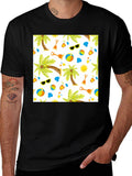 Summer Beach Pattern T-Shirt - Black