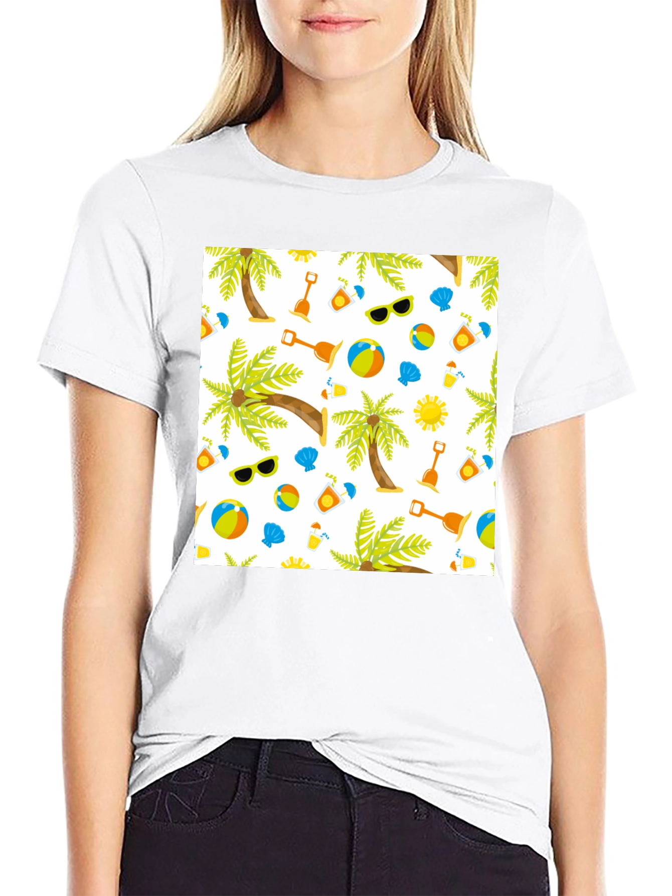 Summer Beach Pattern T-Shirt - Black