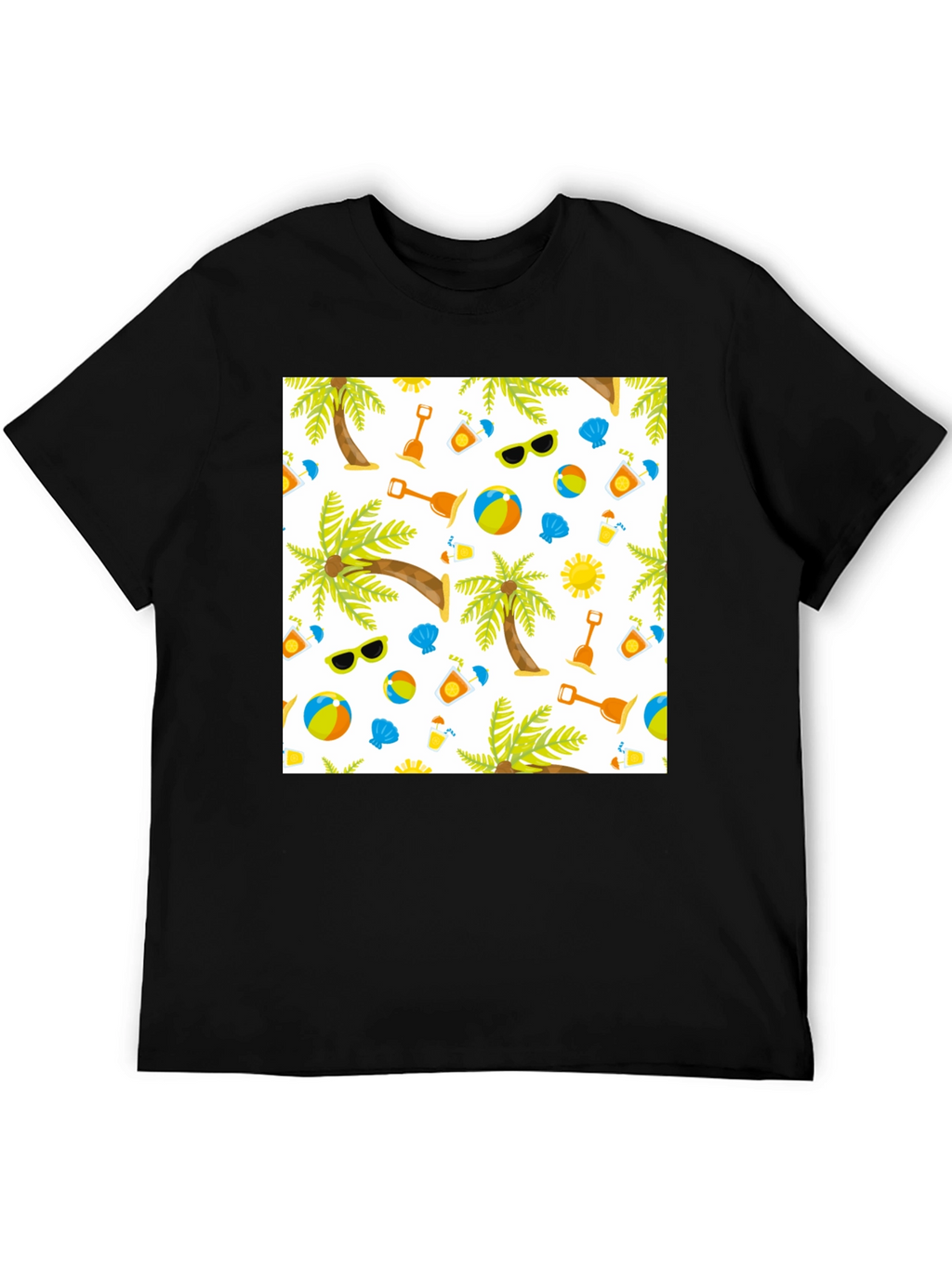 Summer Beach Pattern T-Shirt - Black