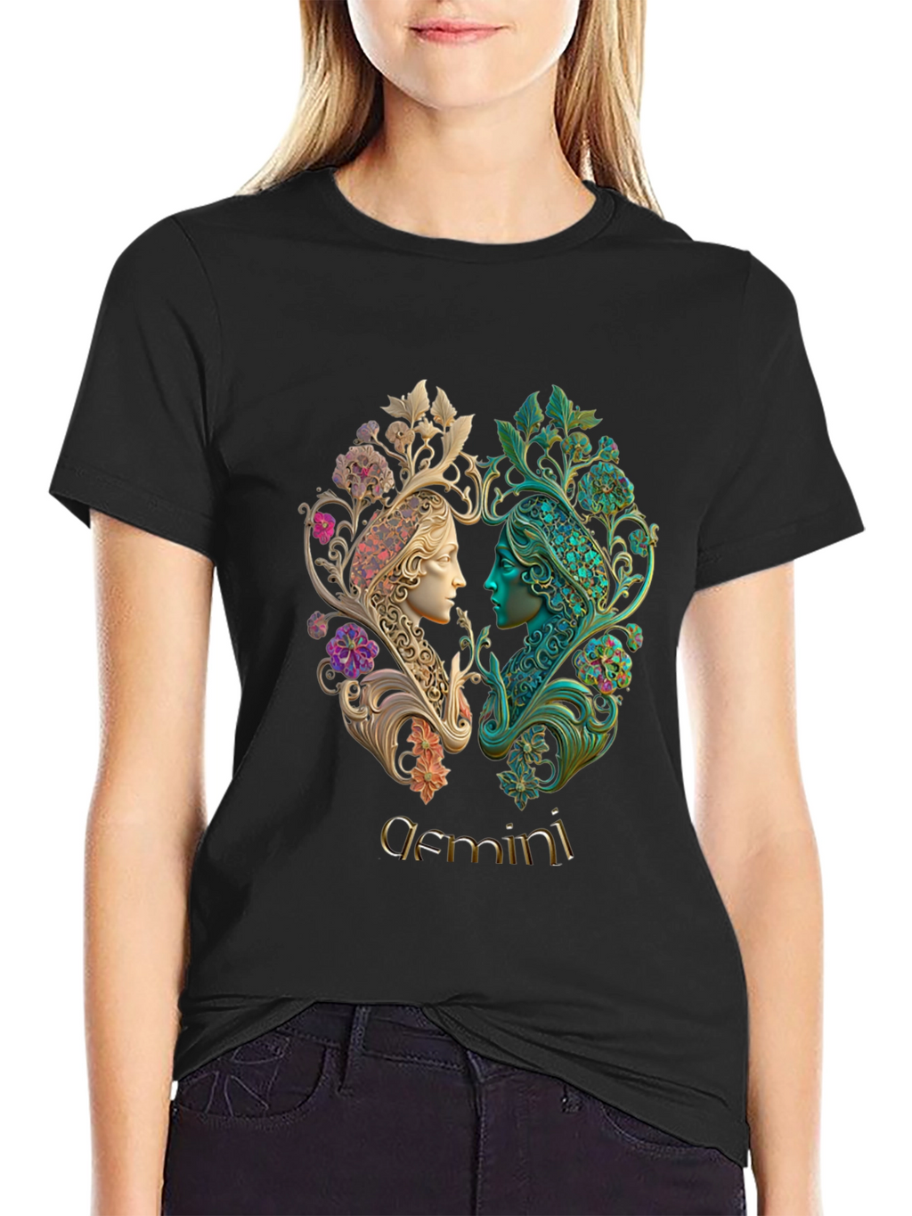 Gemini Zodiac T-Shirt Art Nouveau Style