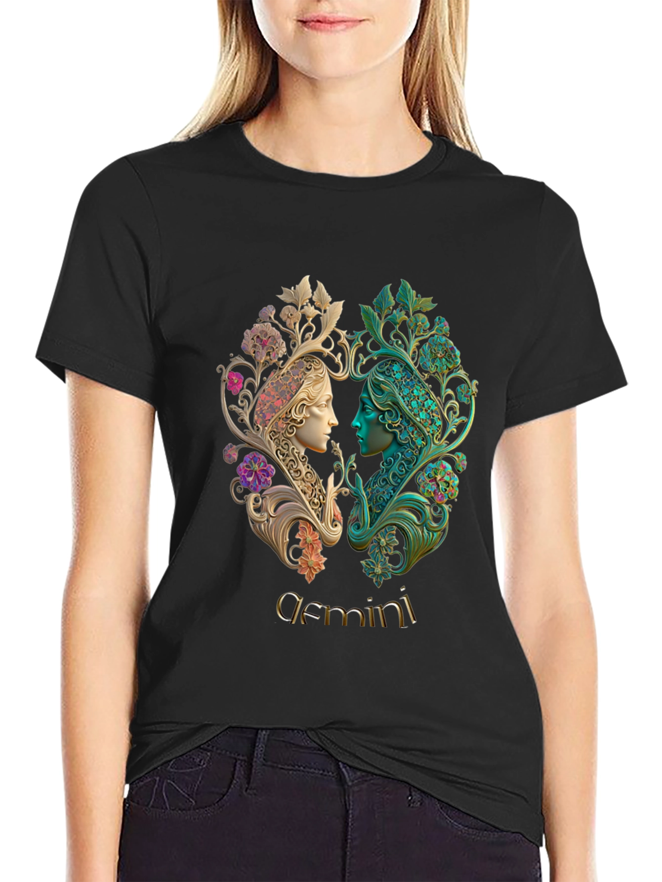 Gemini Zodiac T-Shirt Art Nouveau Style
