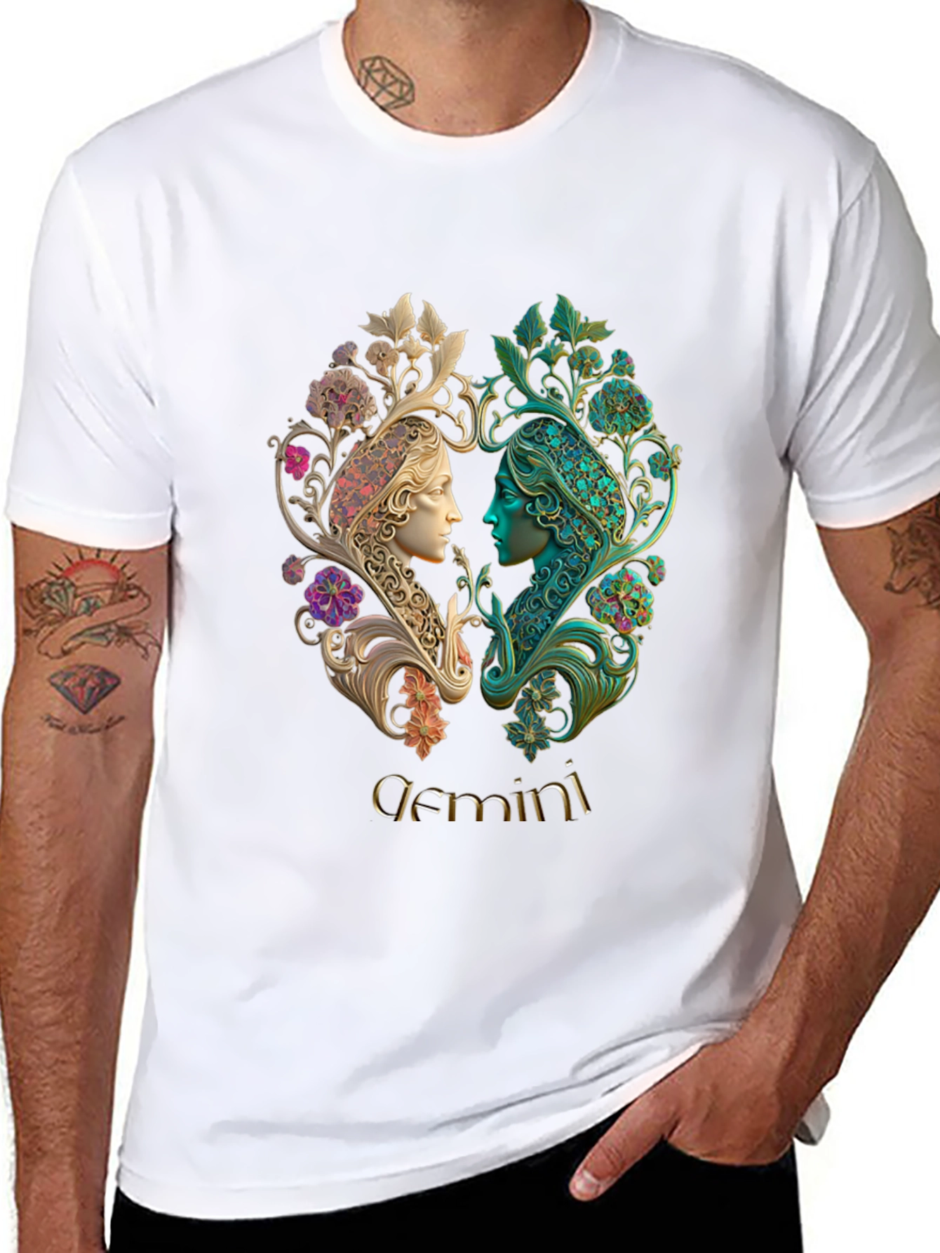 Gemini Zodiac T-Shirt Art Nouveau Style