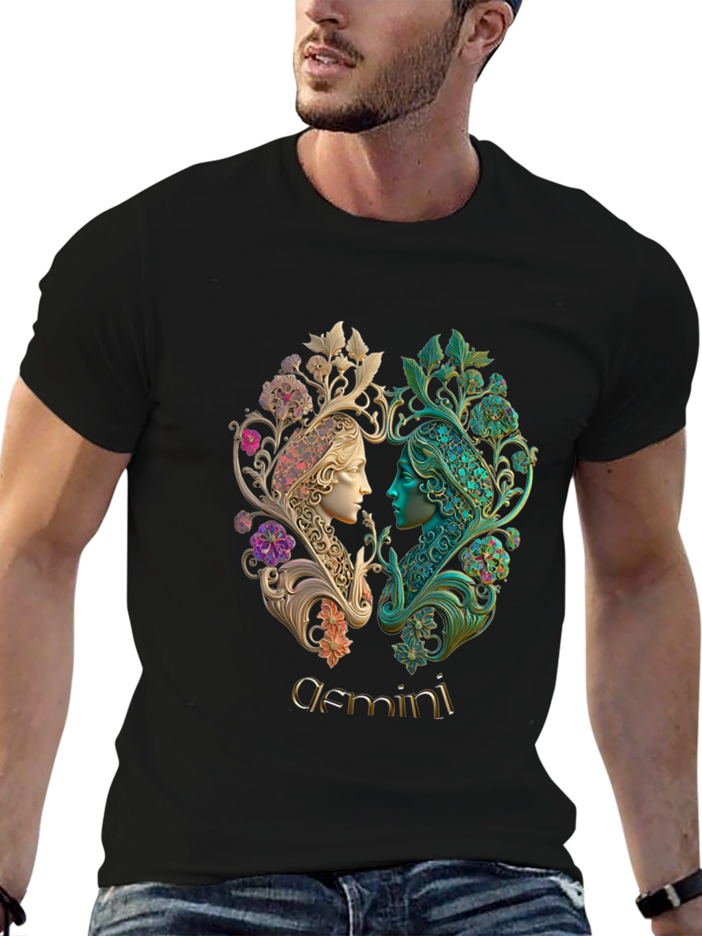 Gemini Zodiac T-Shirt Art Nouveau Style