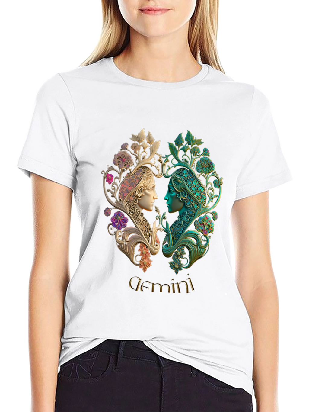 Gemini Zodiac T-Shirt Art Nouveau Style