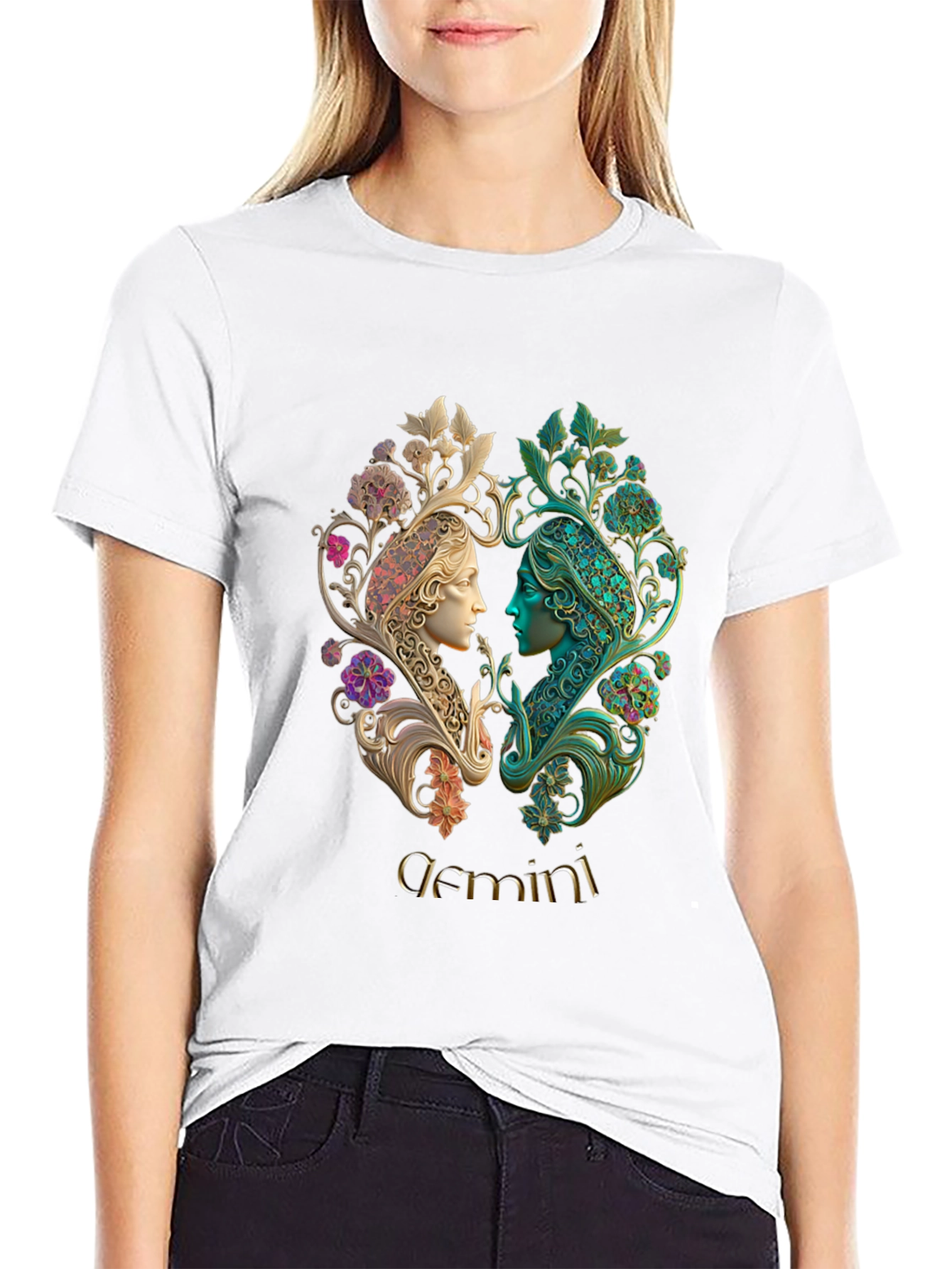 Gemini Zodiac T-Shirt Art Nouveau Style