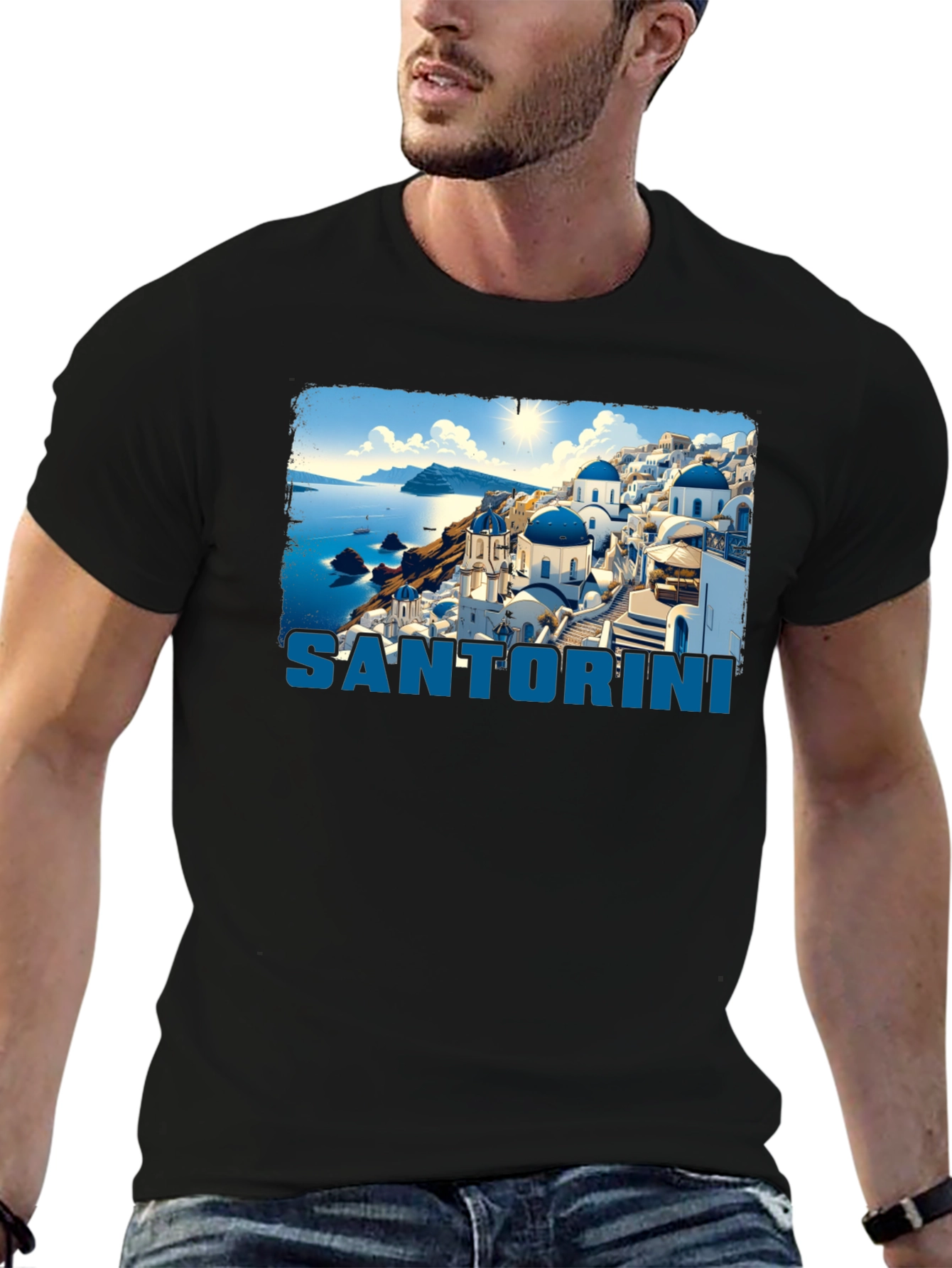 Santorini Graphic T-Shirt - Black Crew Neck Tee