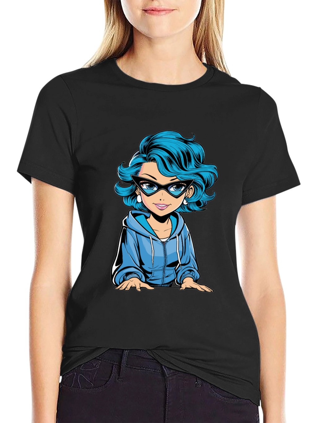 Cartoon Girl Graphic Tee - Black T-Shirt