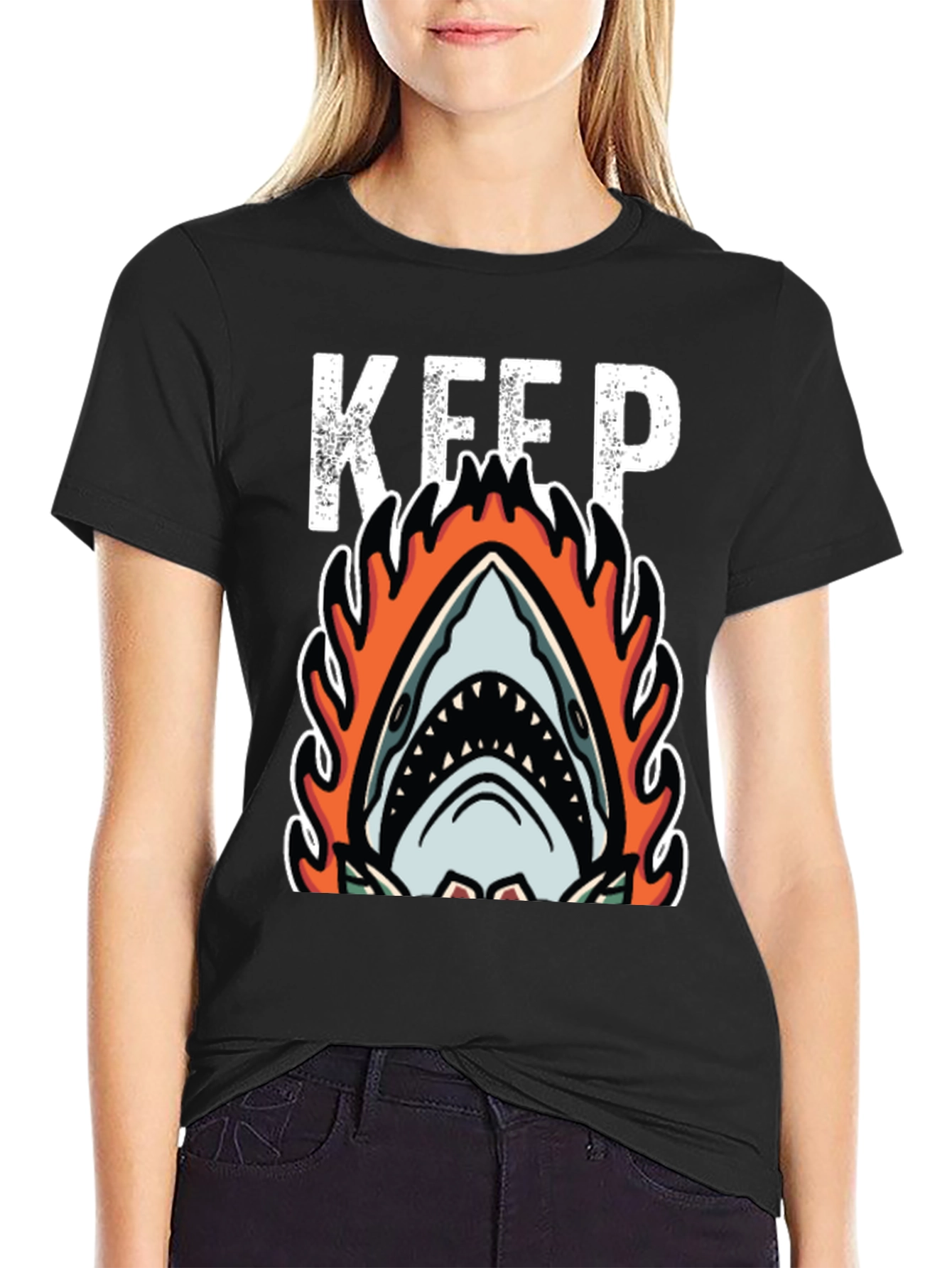 Fiery Shark Graphic Tee - Keep Swimming Black T-Shirt