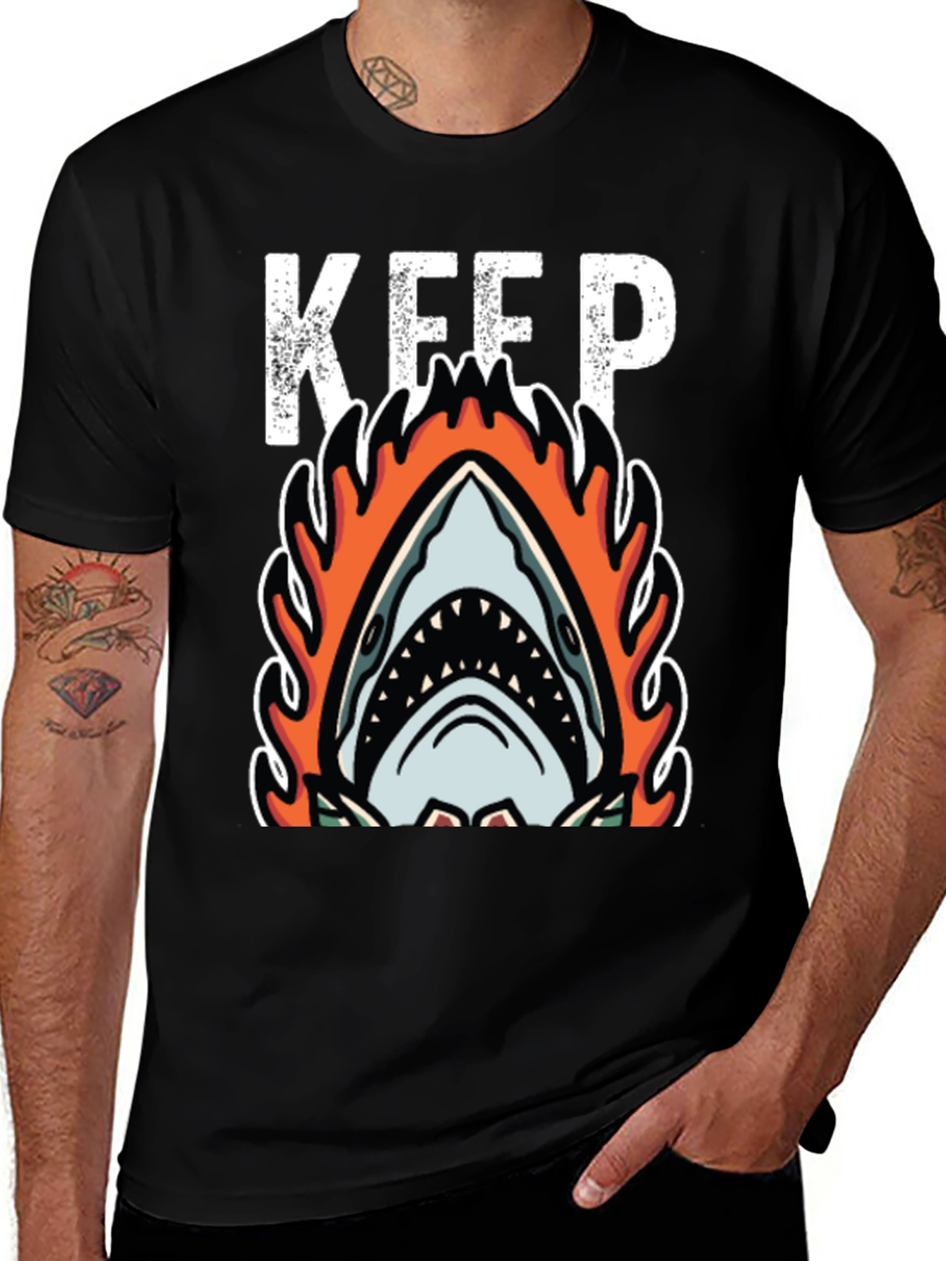 Fiery Shark Graphic Tee - Keep Swimming Black T-Shirt
