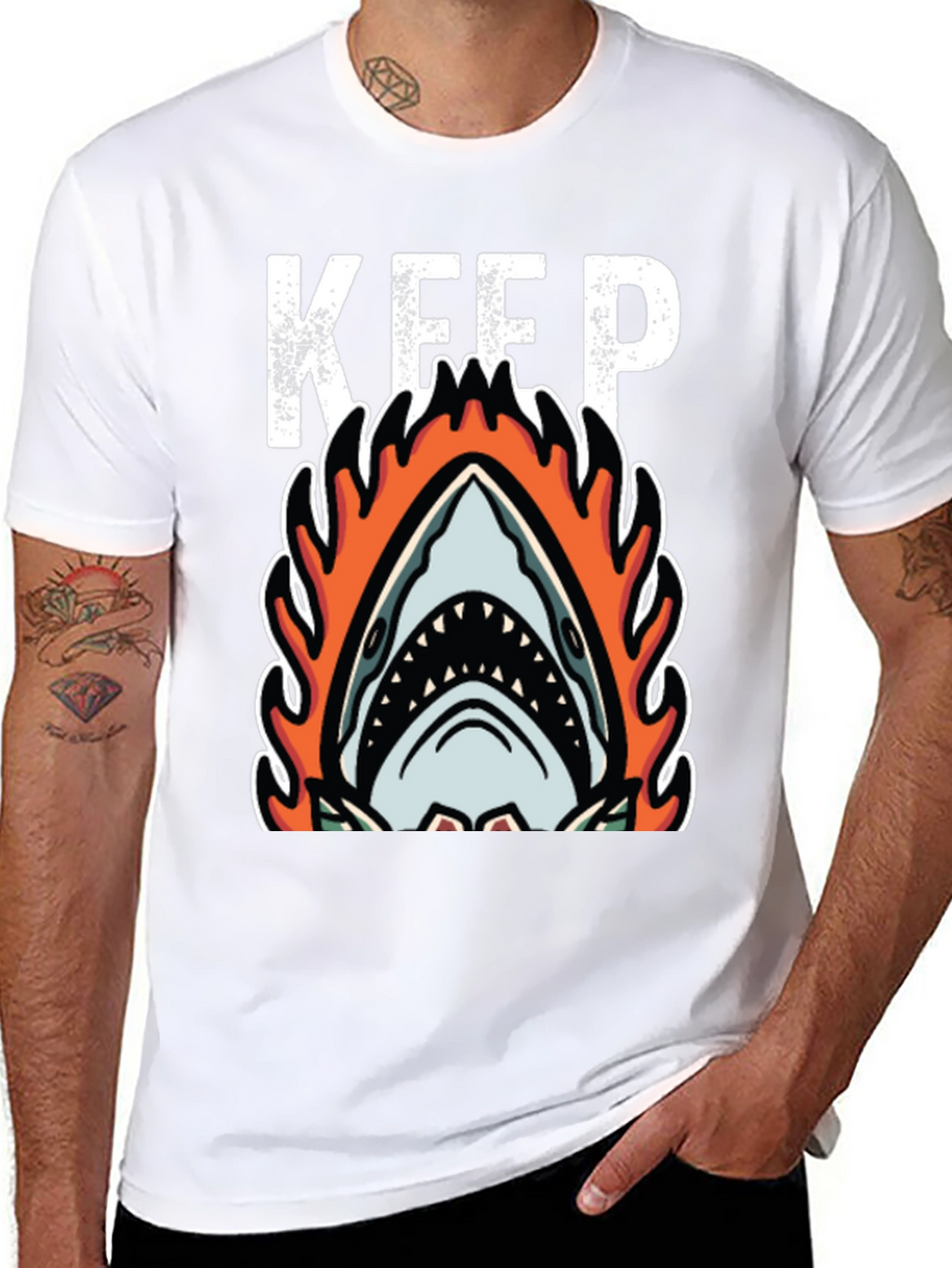 Fiery Shark Graphic Tee - Keep Swimming Black T-Shirt