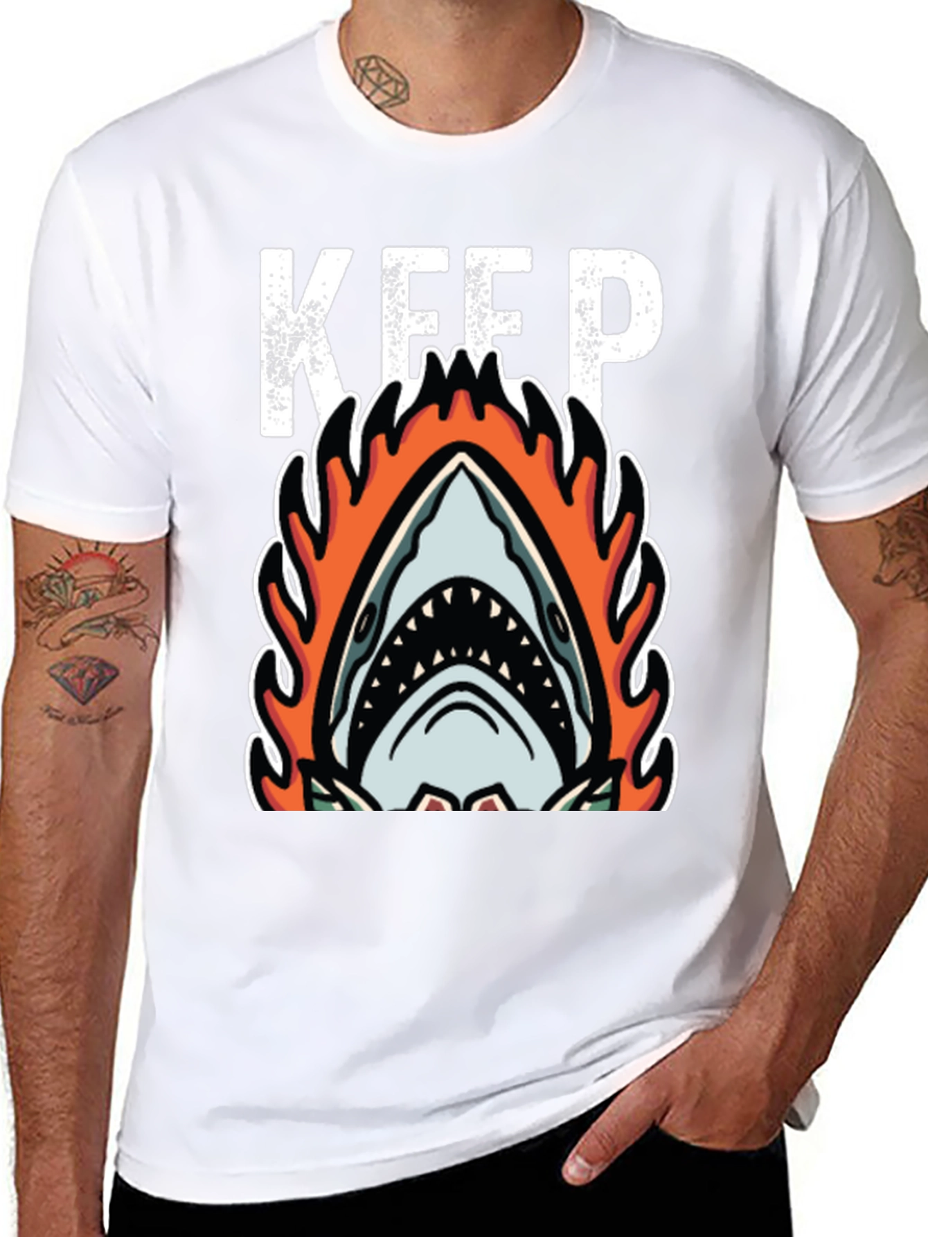 Fiery Shark Graphic Tee - Keep Swimming Black T-Shirt