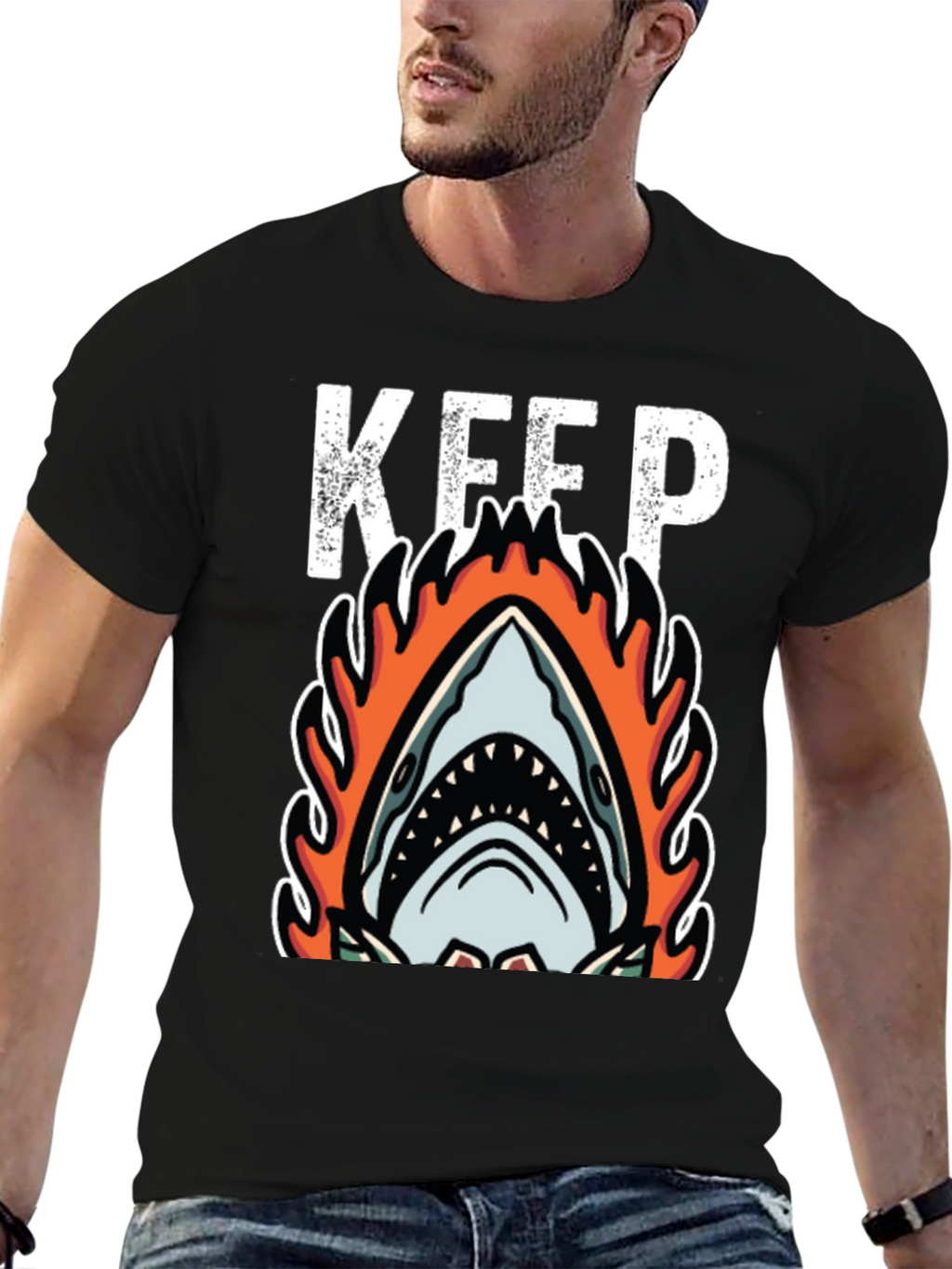 Fiery Shark Graphic Tee - Keep Swimming Black T-Shirt