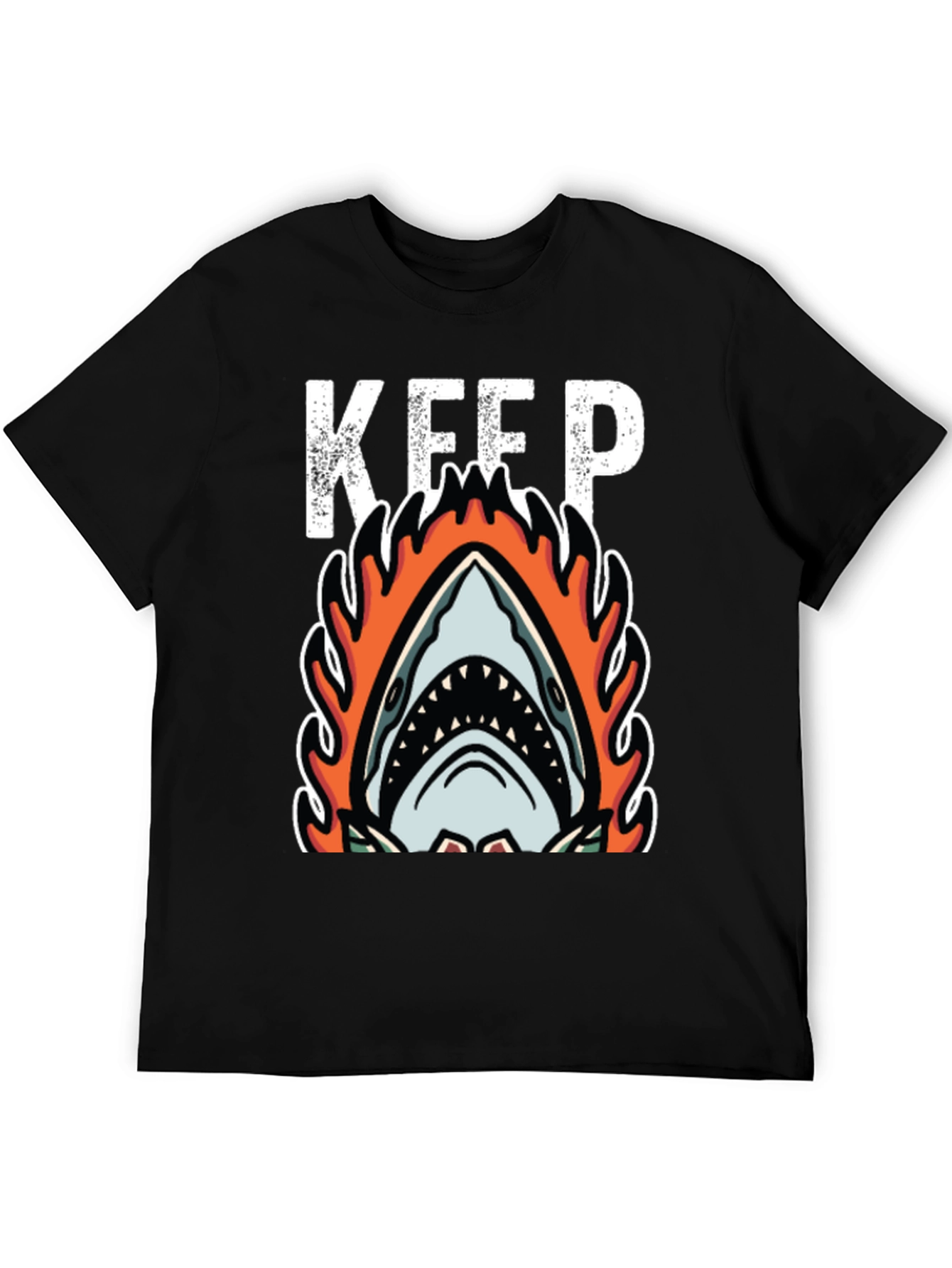 Fiery Shark Graphic Tee - Keep Swimming Black T-Shirt