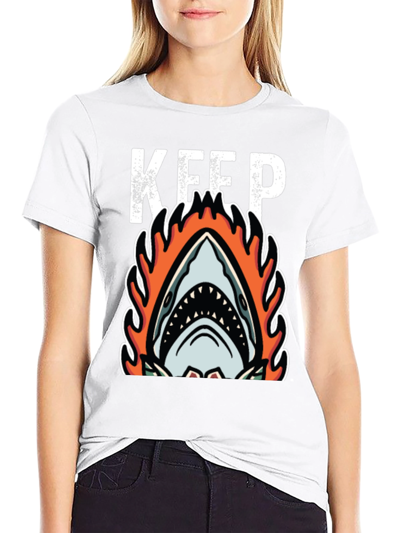Fiery Shark Graphic Tee - Keep Swimming Black T-Shirt