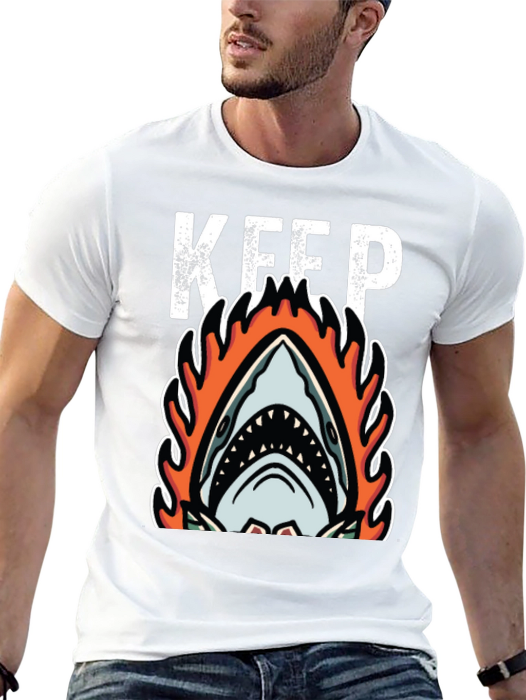 Fiery Shark Graphic Tee - Keep Swimming Black T-Shirt