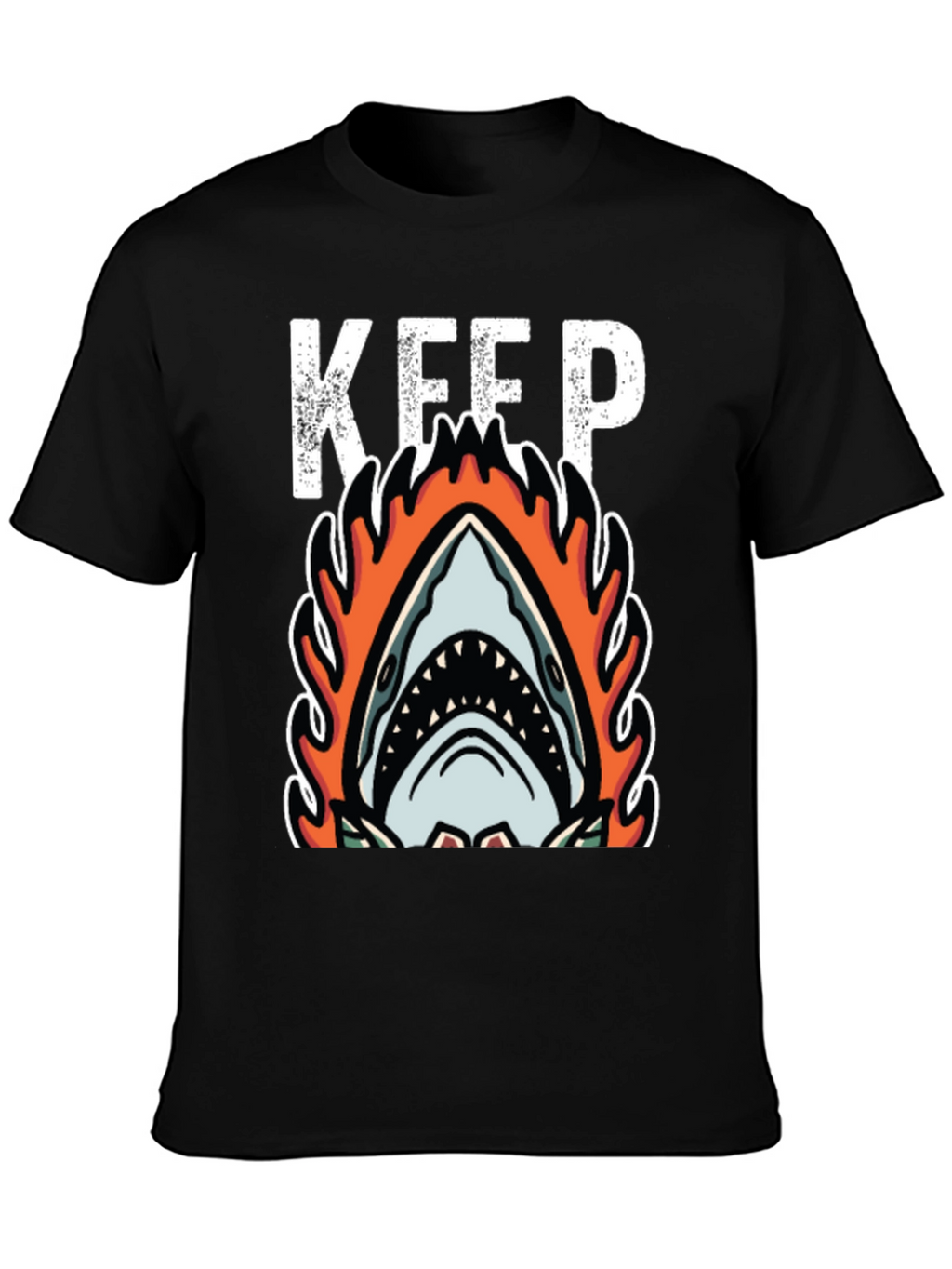 Fiery Shark Graphic Tee - Keep Swimming Black T-Shirt