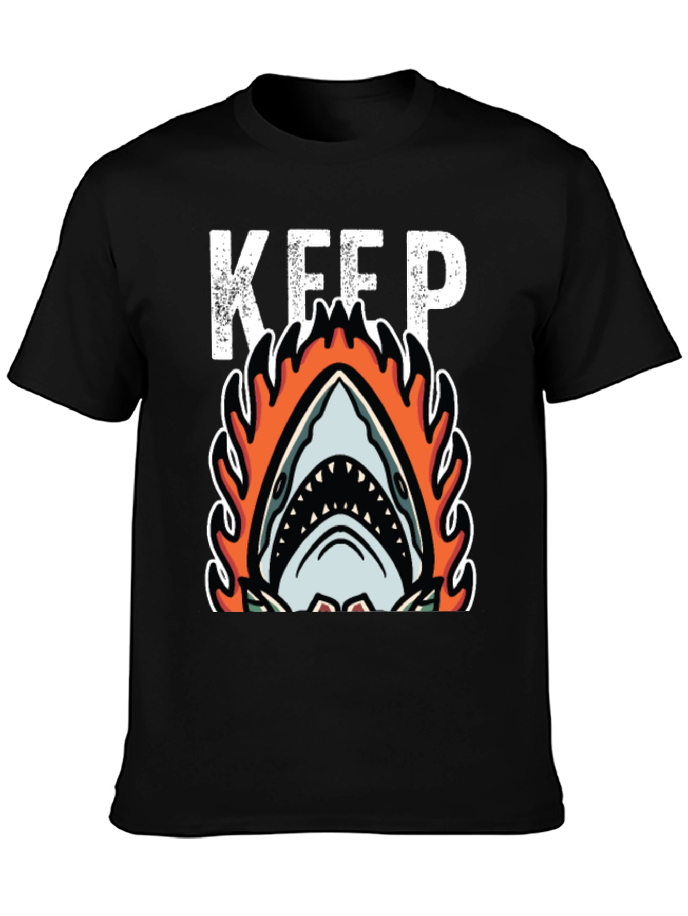 Fiery Shark Graphic Tee - Keep Swimming Black T-Shirt