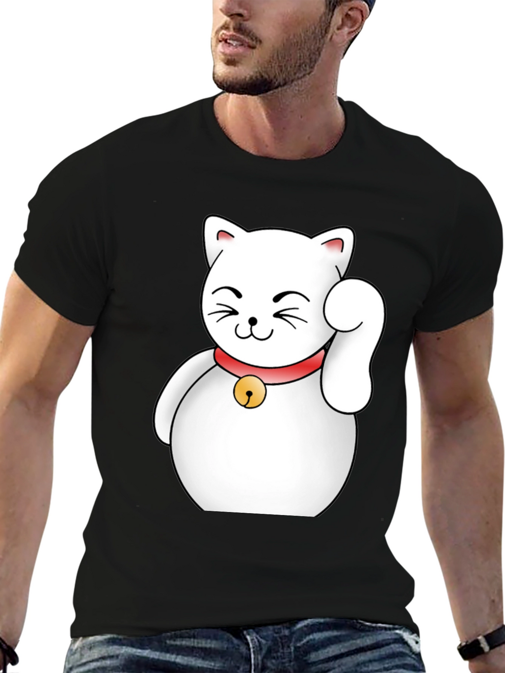 Lucky Cat Graphic T-Shirt - Black Cotton Tee