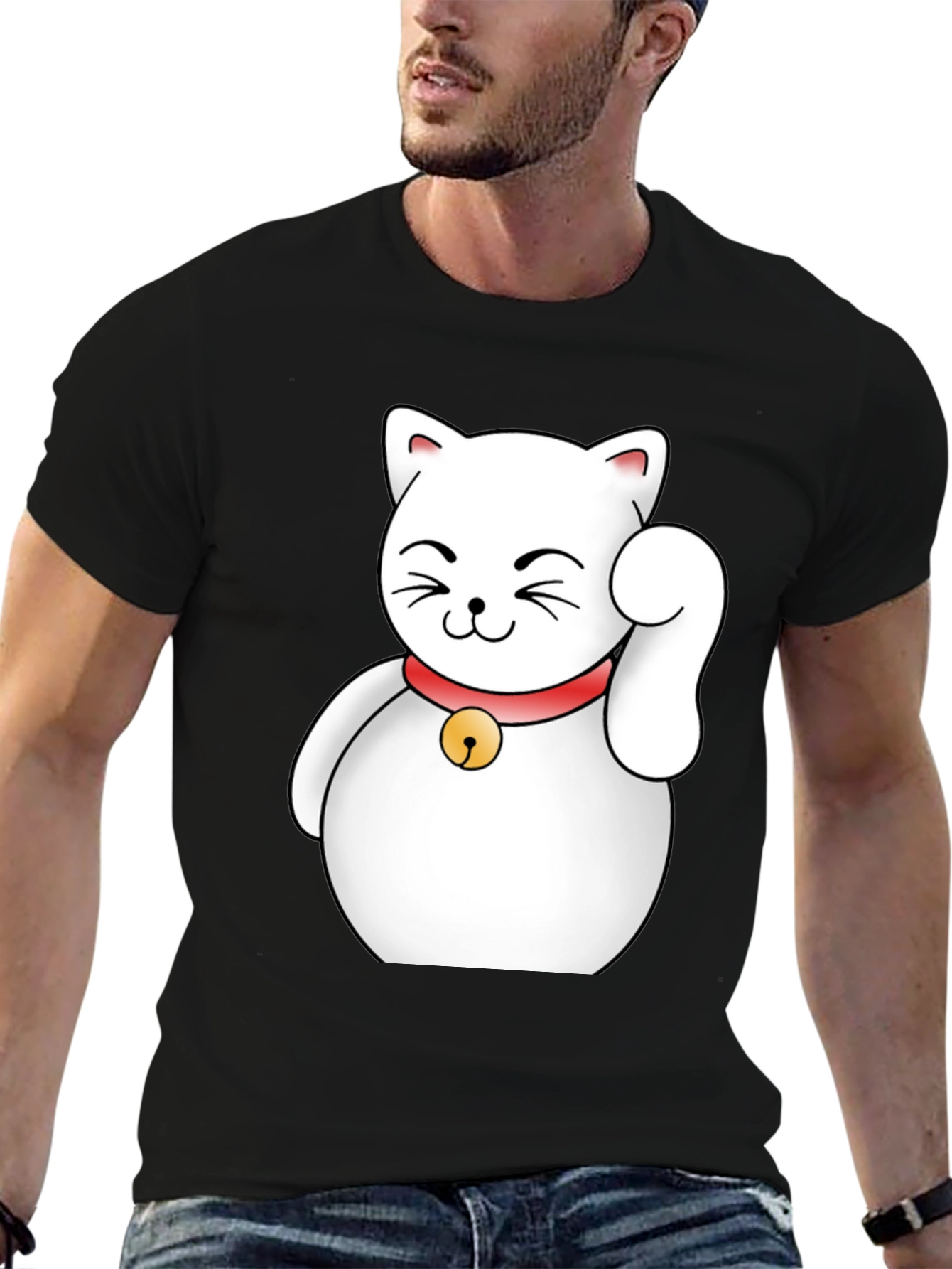 Lucky Cat Graphic T-Shirt - Black Cotton Tee