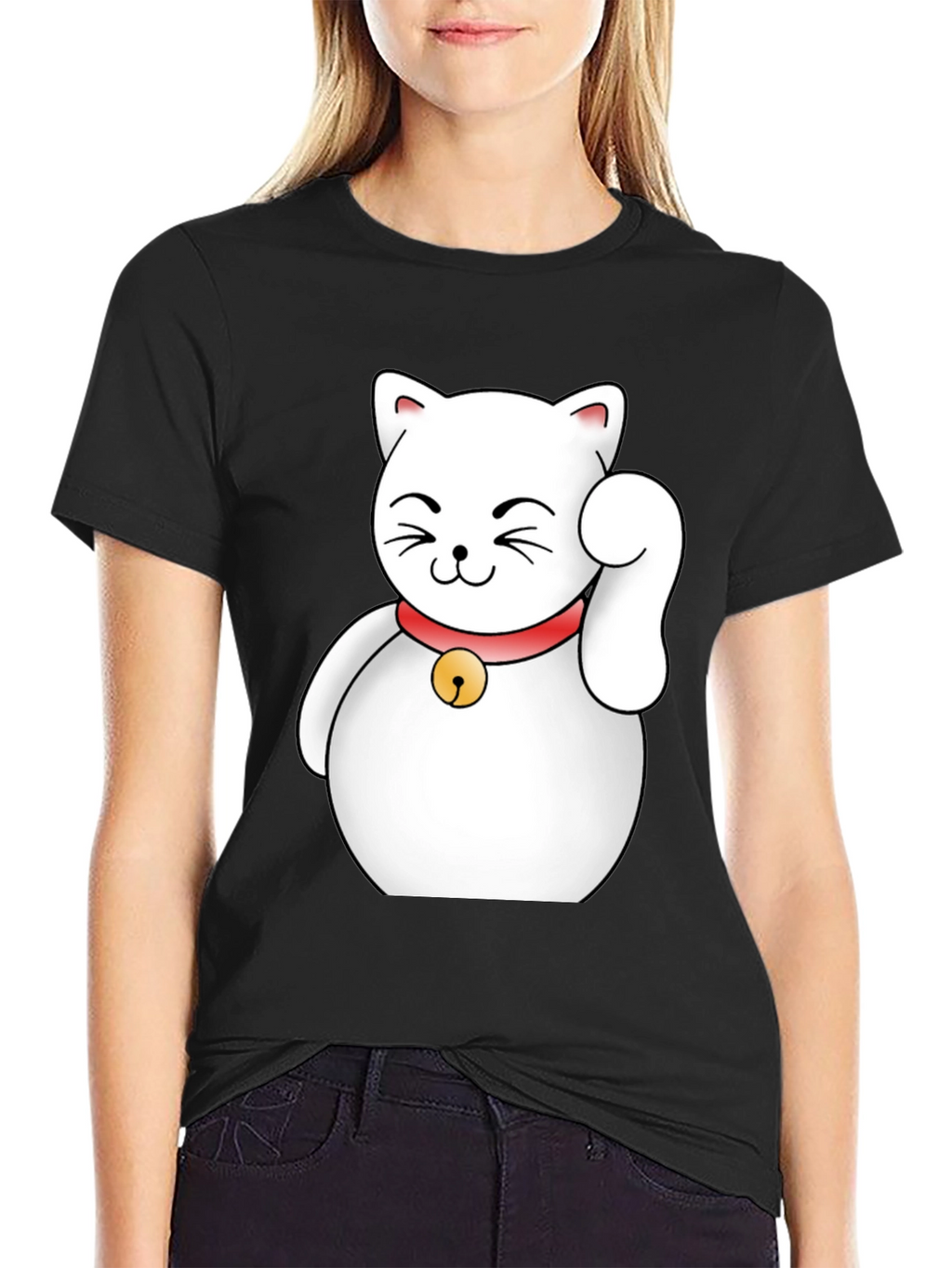 Lucky Cat Graphic T-Shirt - Black Cotton Tee
