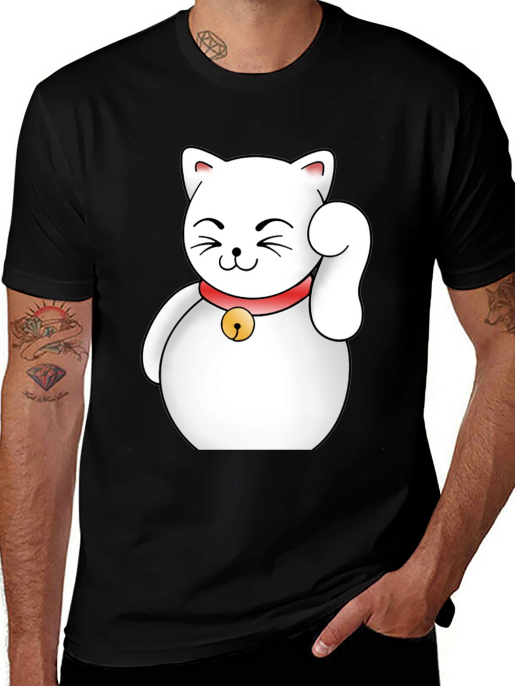 Lucky Cat Graphic T-Shirt - Black Cotton Tee