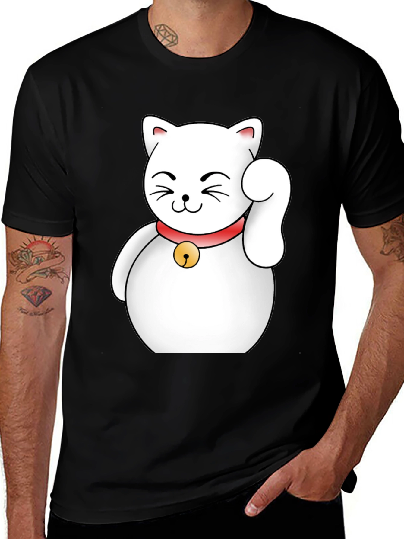 Lucky Cat Graphic T-Shirt - Black Cotton Tee