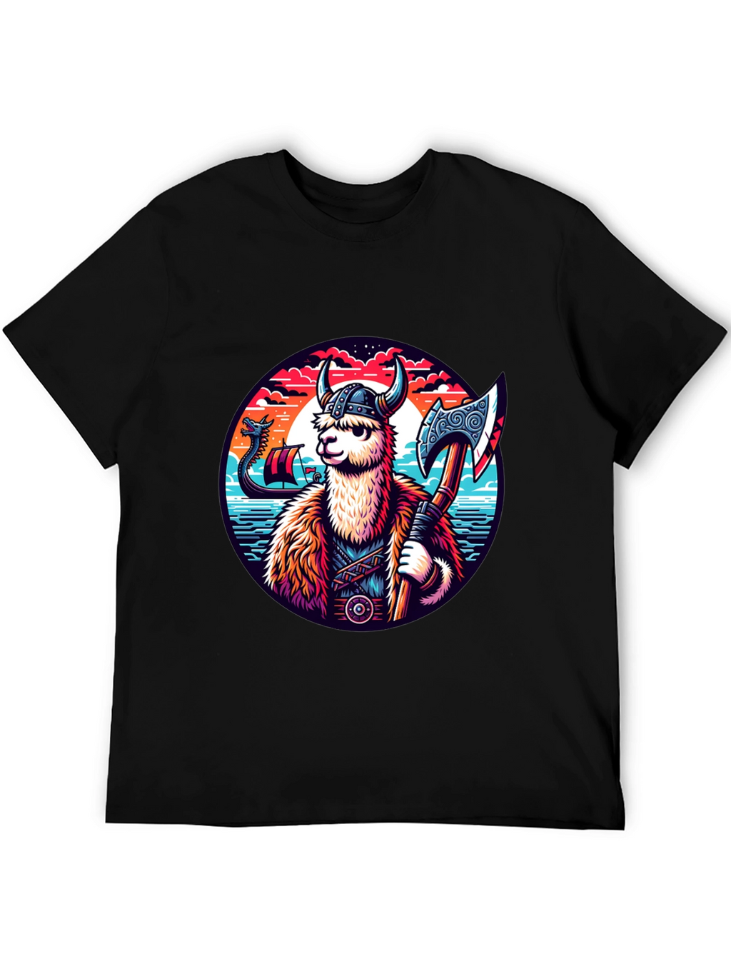 Viking Llama Graphic Tee - Black Cotton Shirt