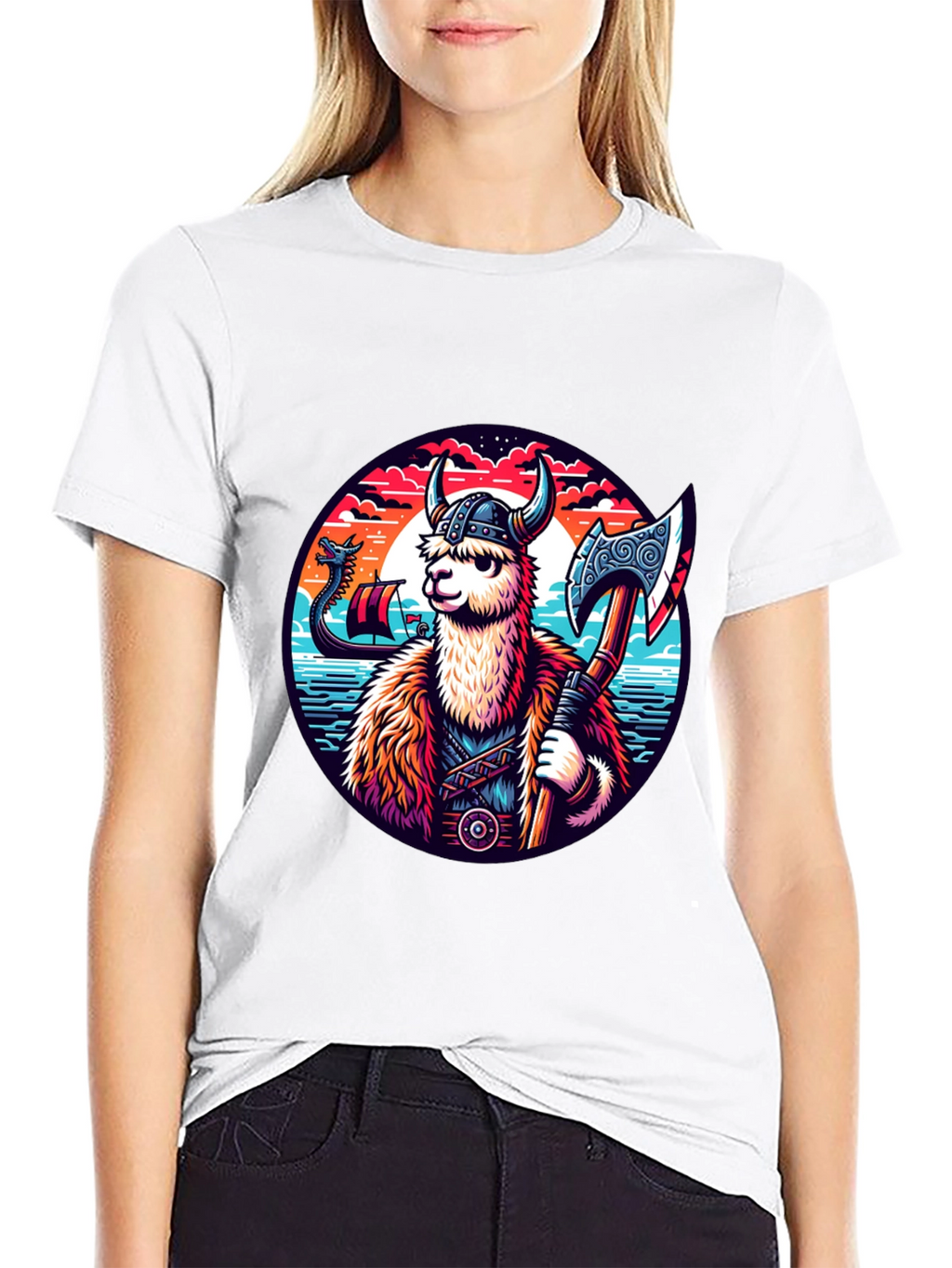 Viking Llama Graphic Tee - Black Cotton Shirt