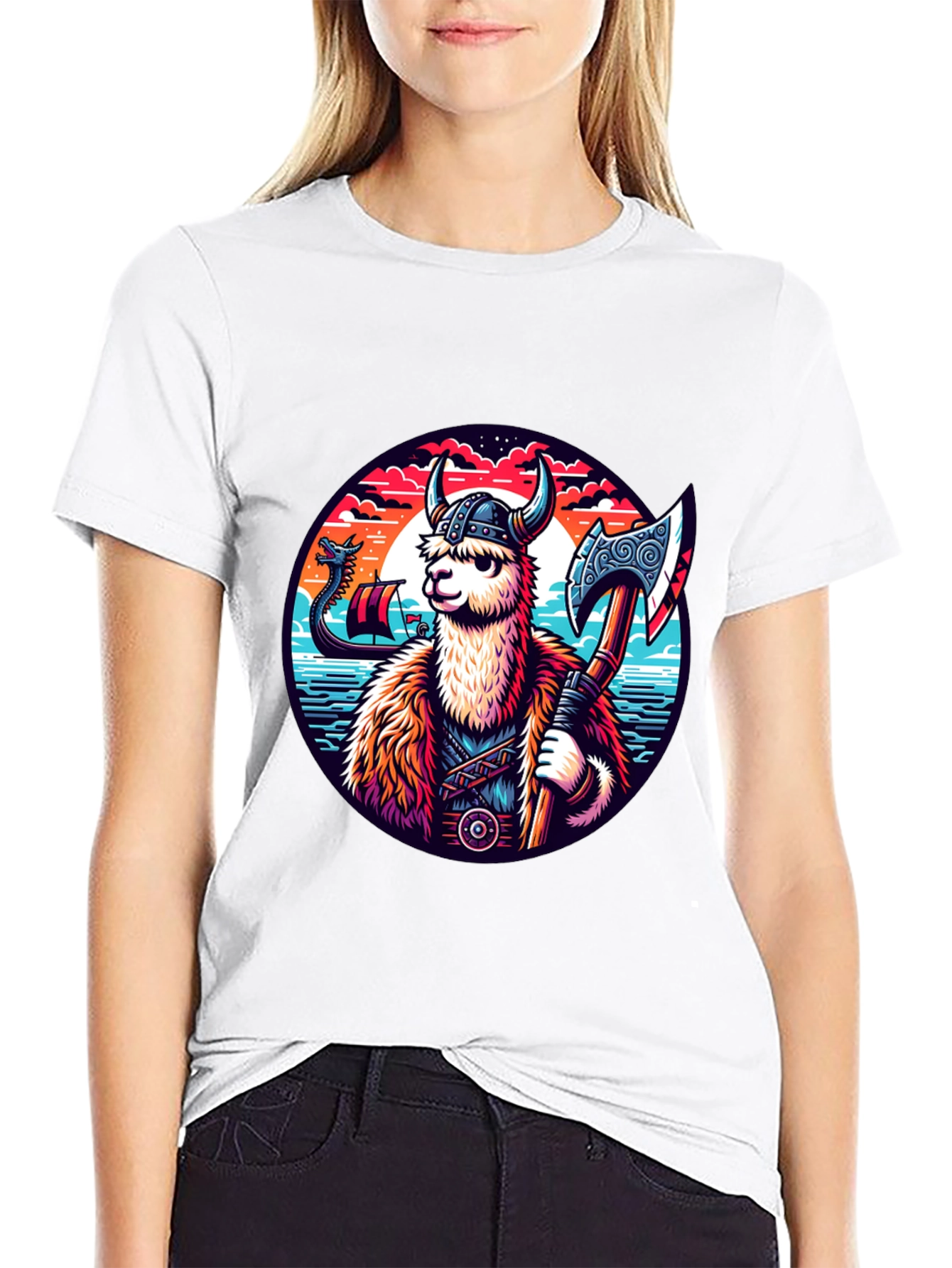 Viking Llama Graphic Tee - Black Cotton Shirt