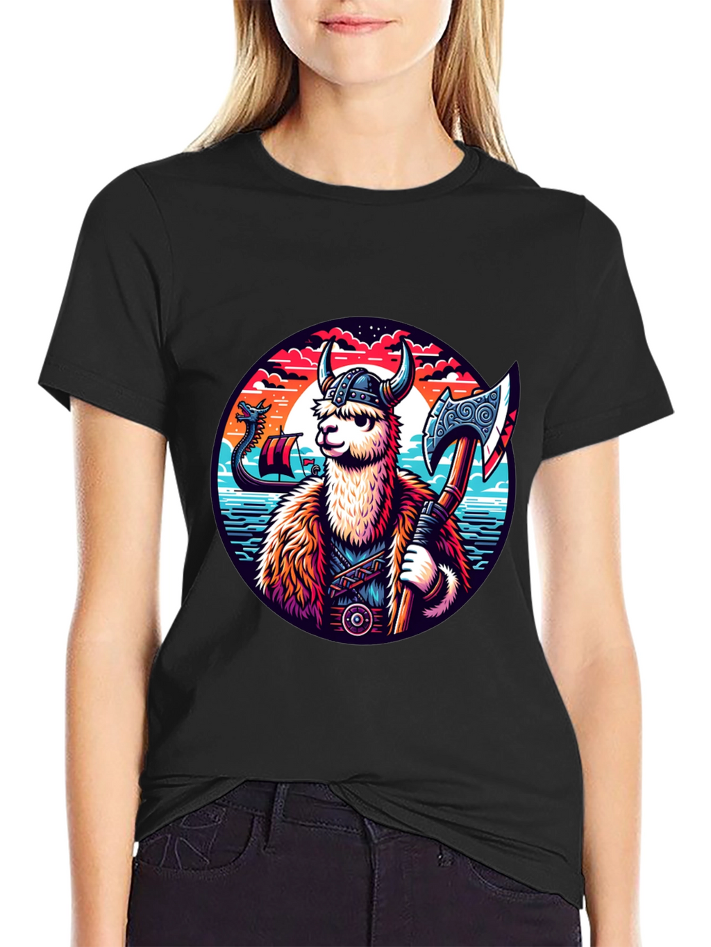 Viking Llama Graphic Tee - Black Cotton Shirt