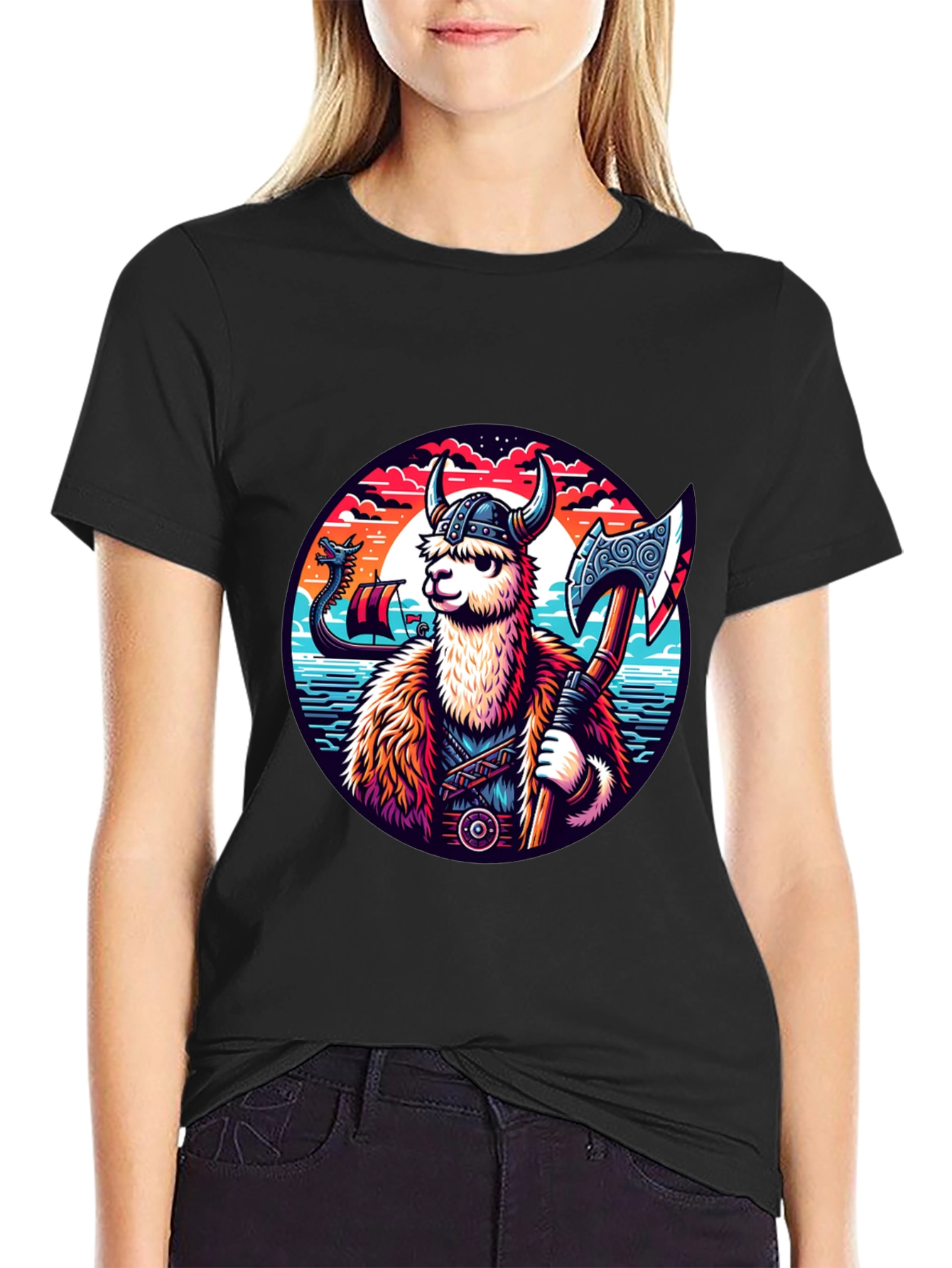 Viking Llama Graphic Tee - Black Cotton Shirt