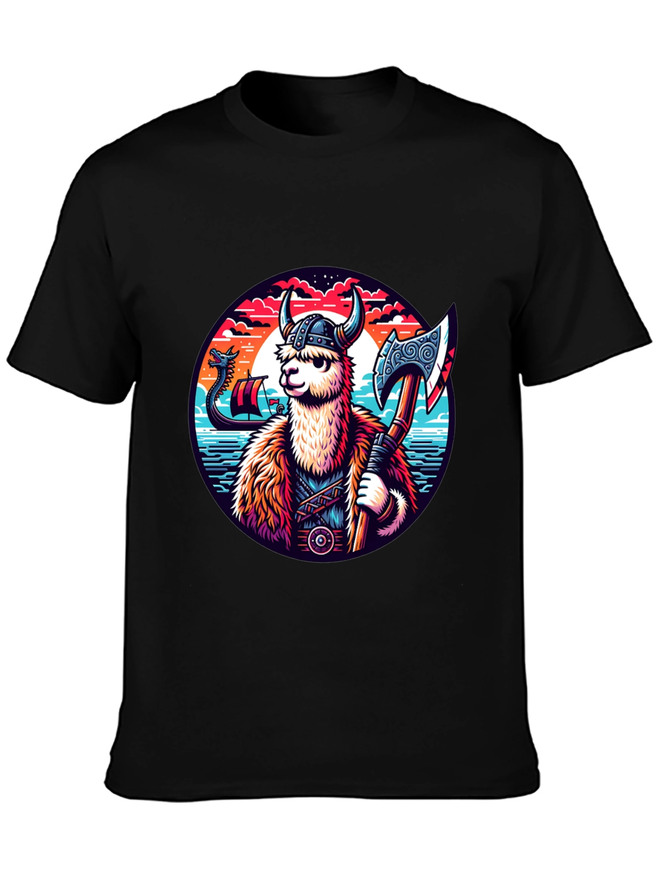 Viking Llama Graphic Tee - Black Cotton Shirt
