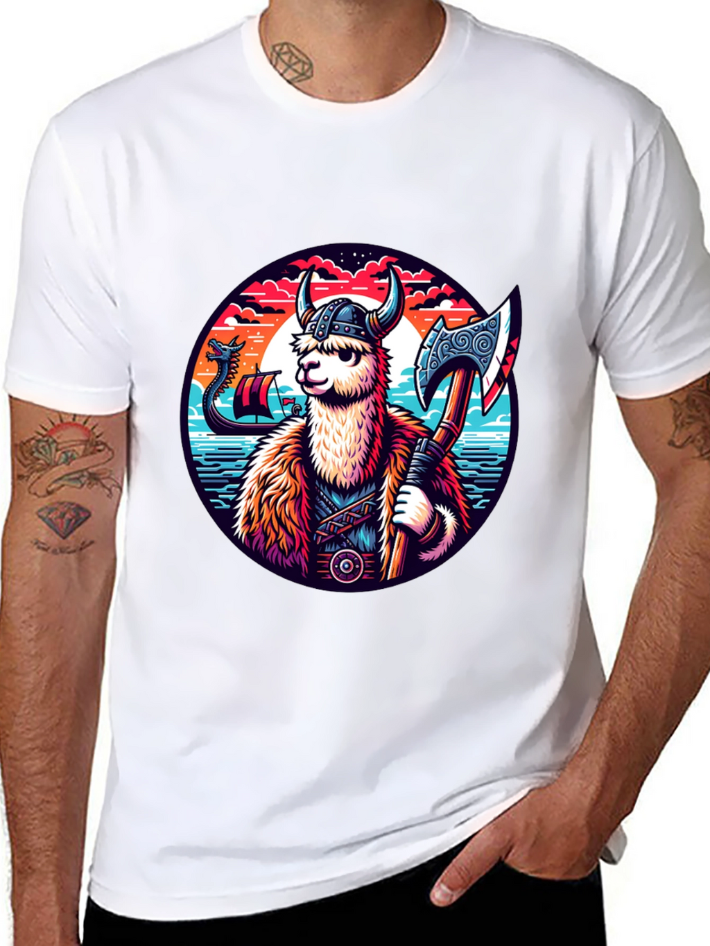 Viking Llama Graphic Tee - Black Cotton Shirt