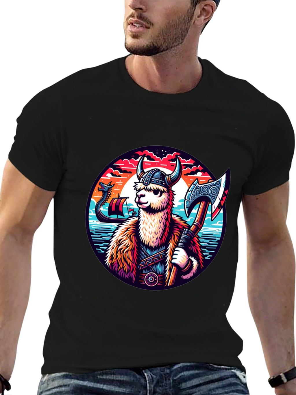 Viking Llama Graphic Tee - Black Cotton Shirt