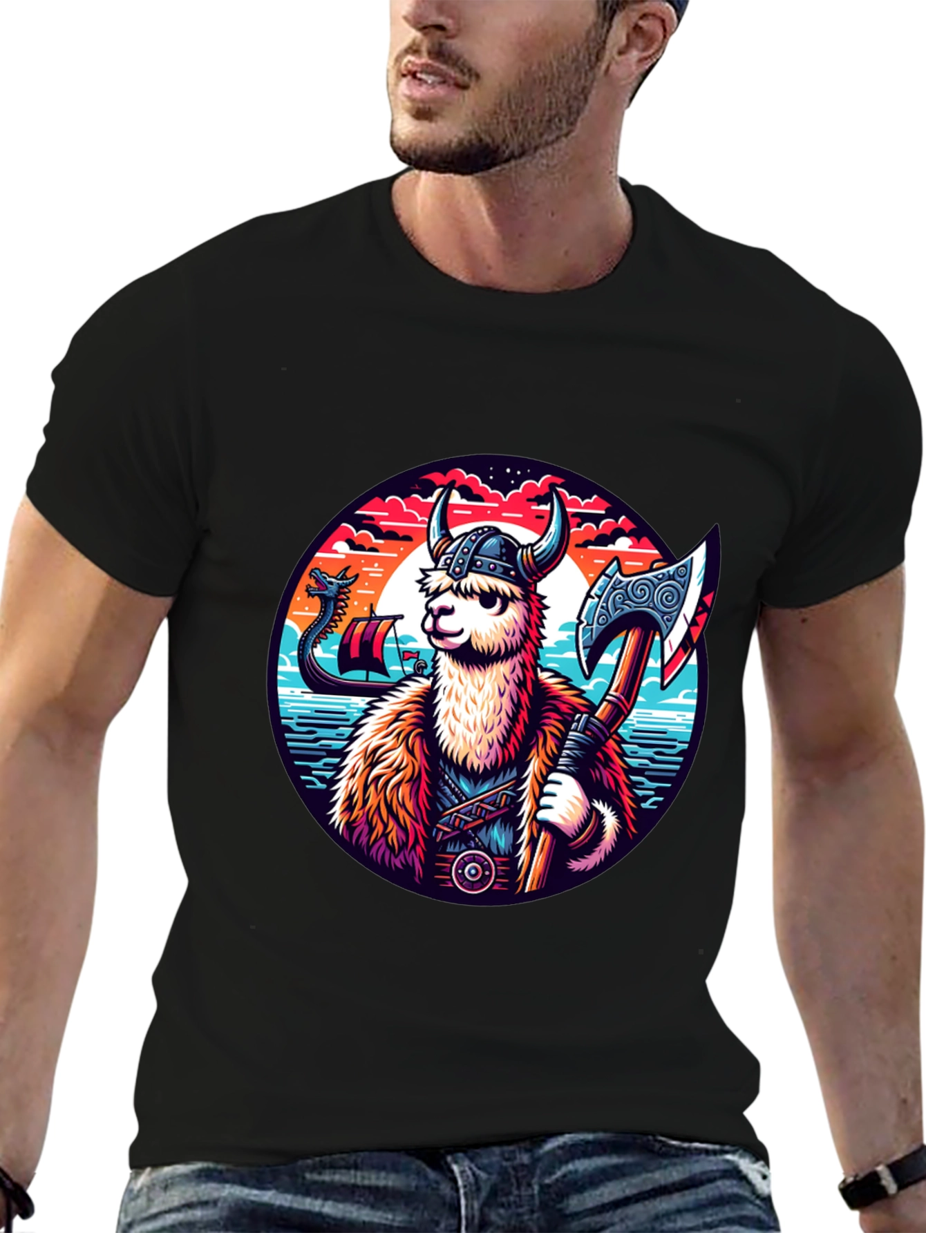 Viking Llama Graphic Tee - Black Cotton Shirt