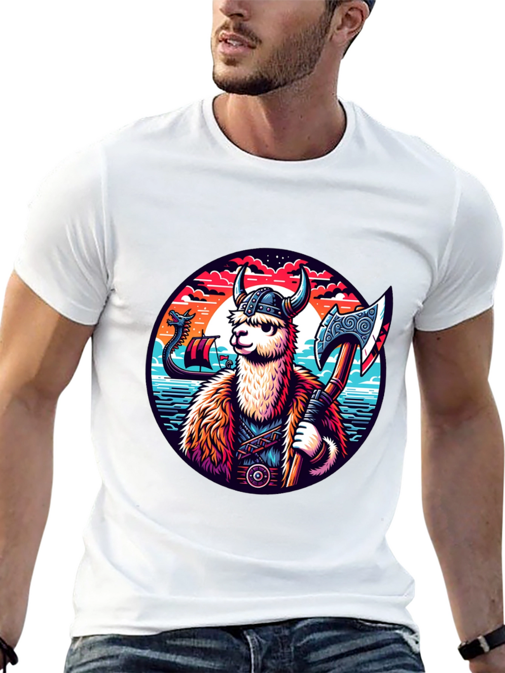 Viking Llama Graphic Tee - Black Cotton Shirt